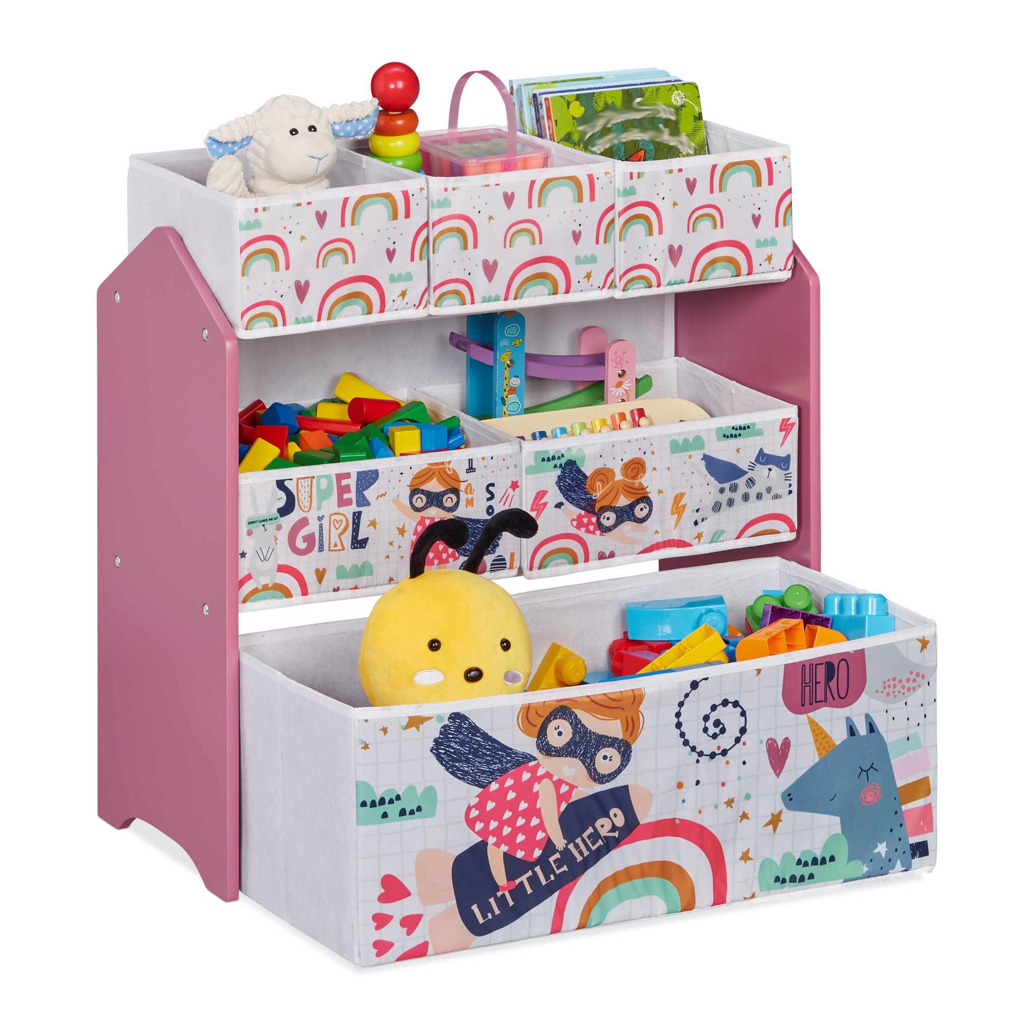 Kinderregal mit 6 Aufbewahrungsboxen Weiss-Grün-Rosa von Relaxdays