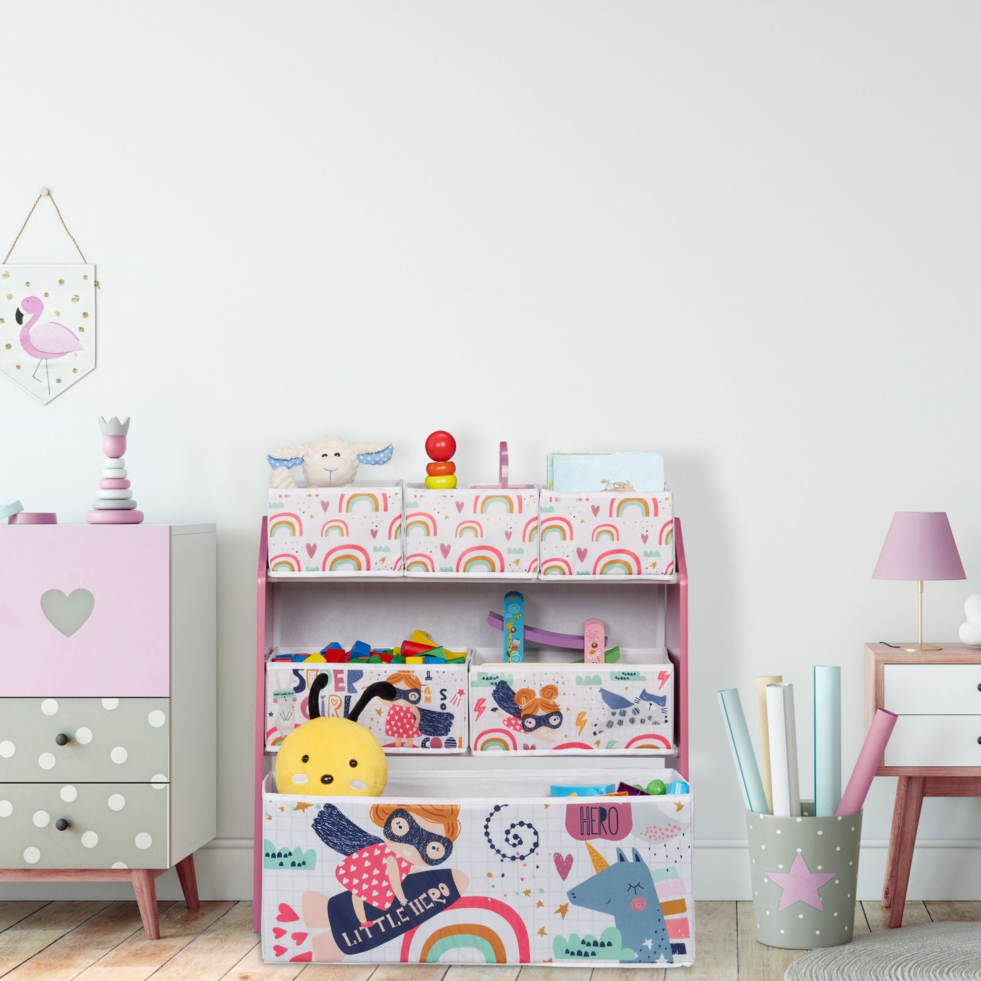 Kinderregal mit 6 Aufbewahrungsboxen Weiss-Grün-Rosa von Relaxdays