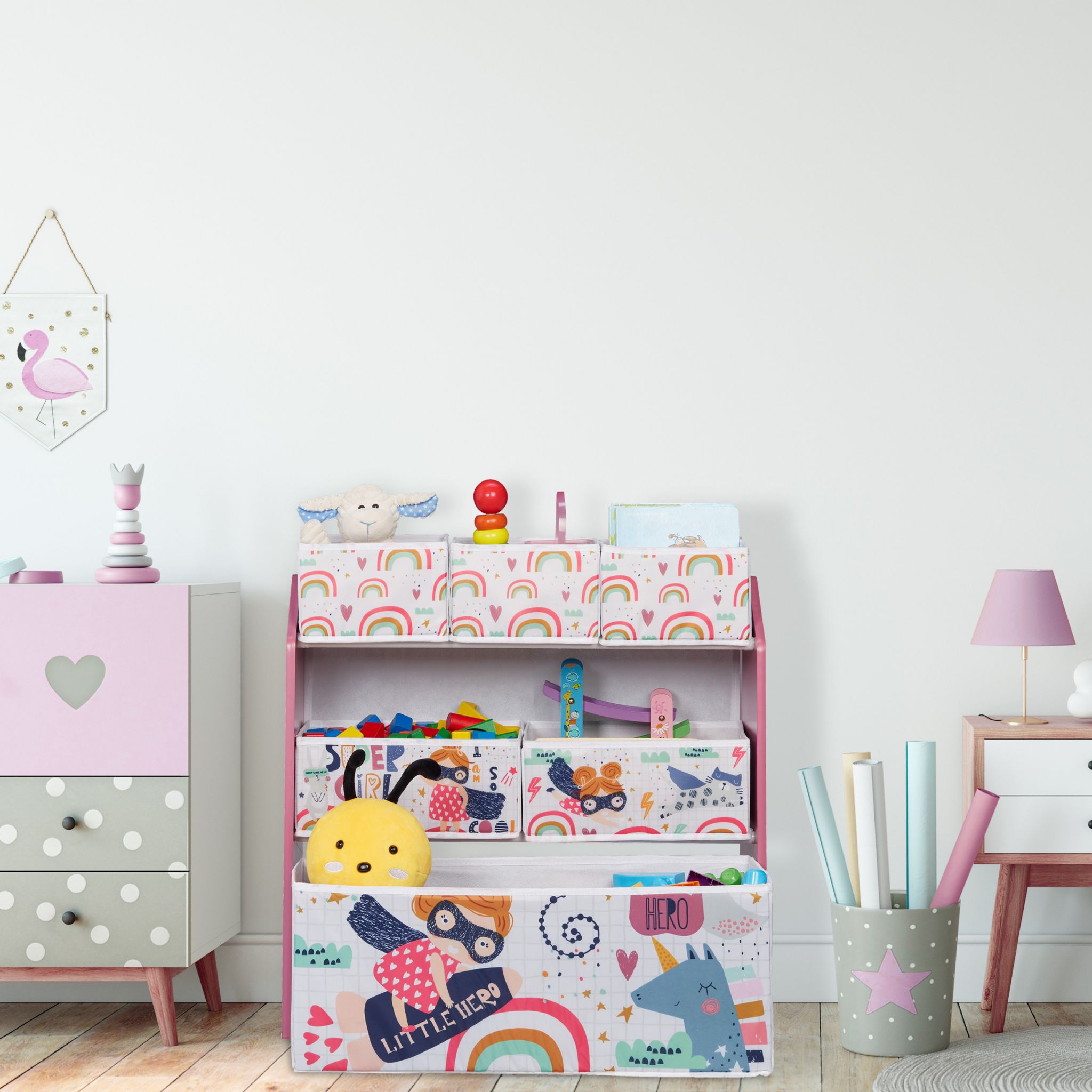 Kinderregal mit 6 Aufbewahrungsboxen Weiss-Grün-Rosa von Relaxdays