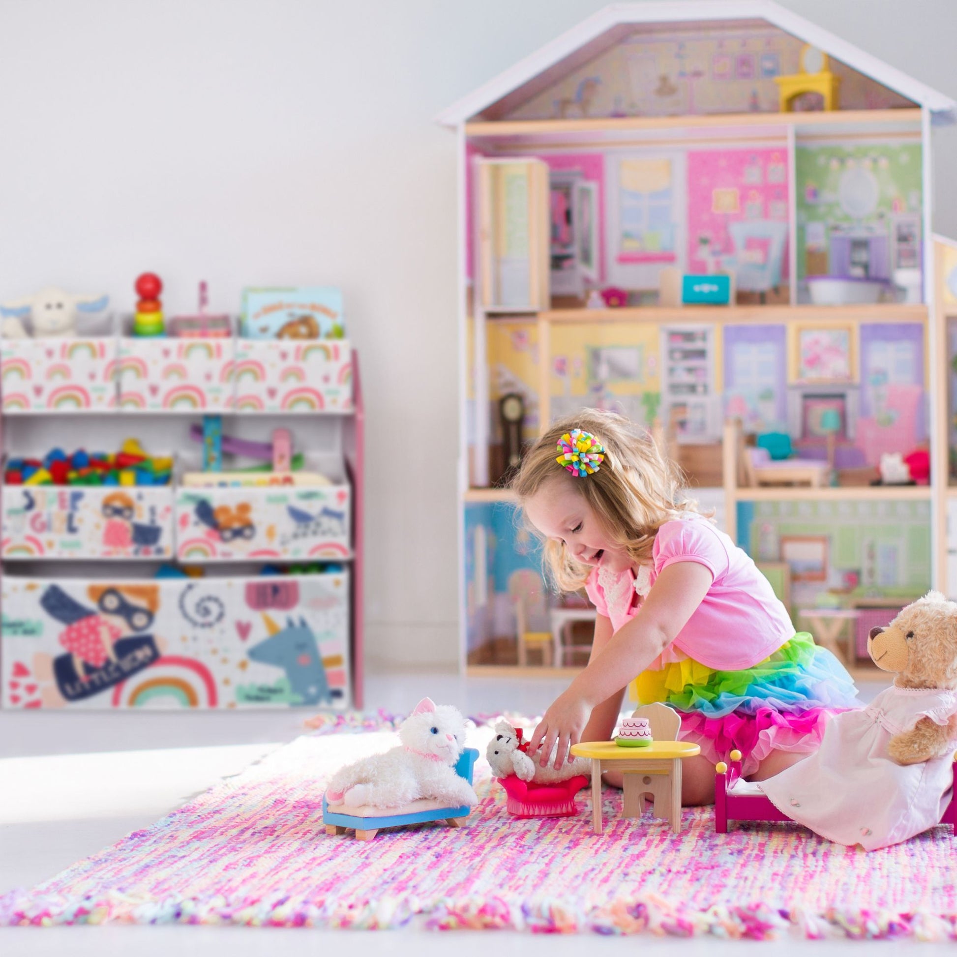 Kinderregal mit 6 Aufbewahrungsboxen Weiss-Grün-Rosa von Relaxdays