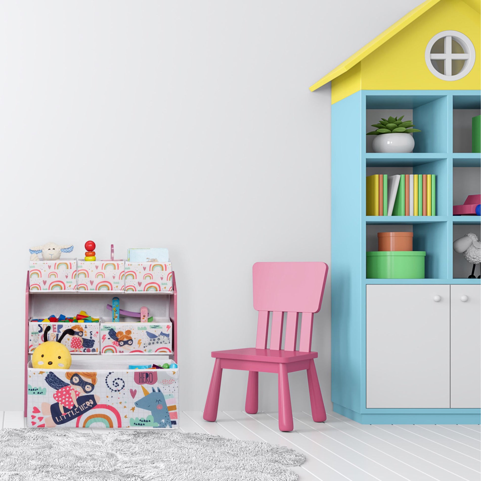 Kinderregal mit 6 Aufbewahrungsboxen Weiss-Grün-Rosa von Relaxdays