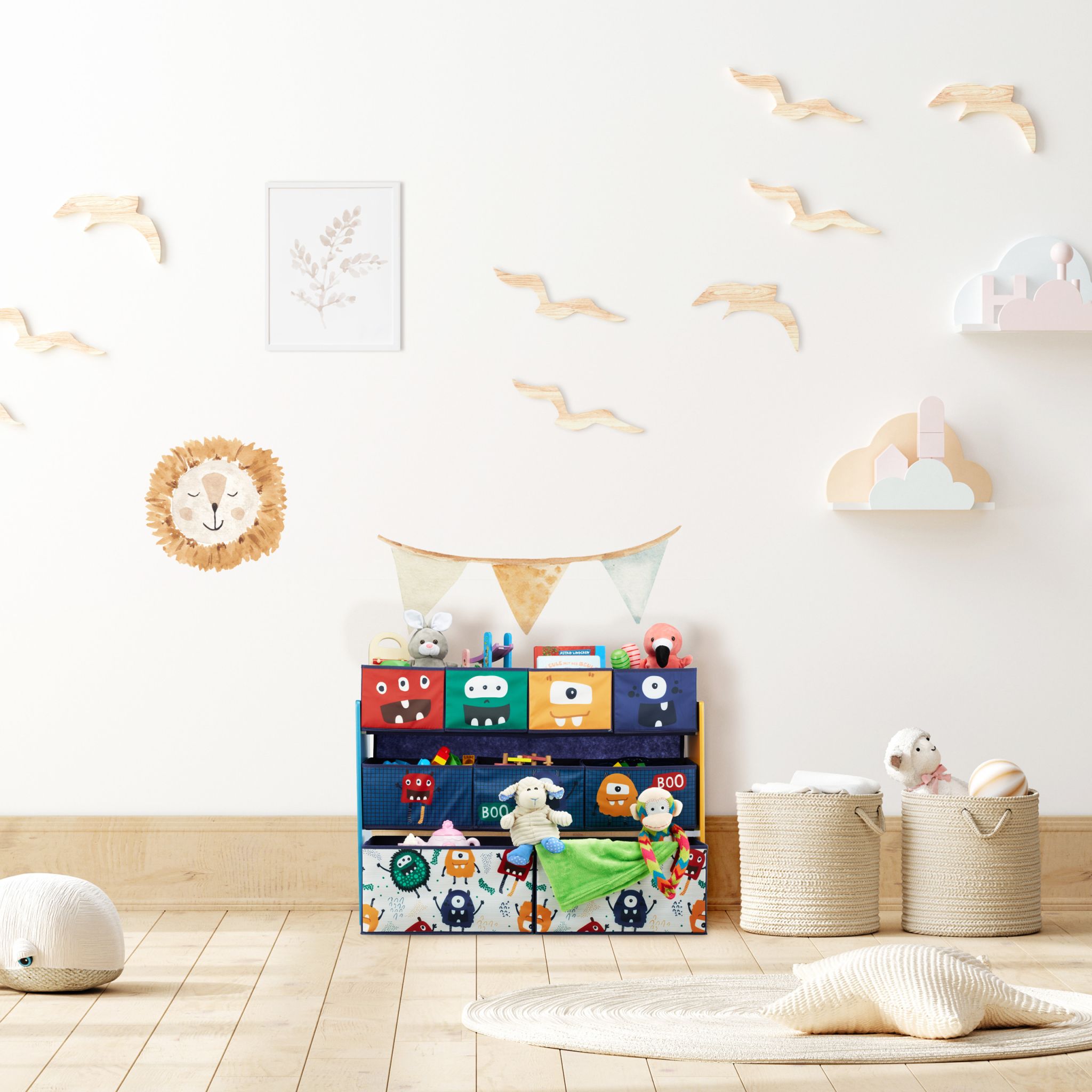 Kinderregal mit Boxen Monster Dunkelblau-Orange-Türkis von Relaxdays