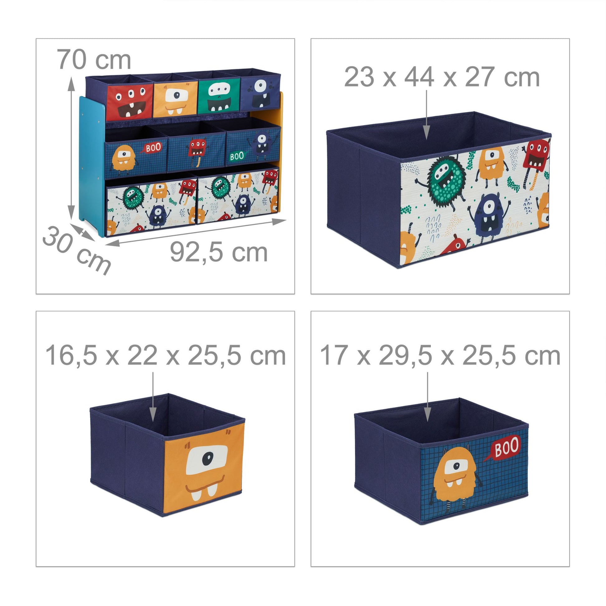 Kinderregal mit Boxen Monster Dunkelblau-Orange-Türkis von Relaxdays