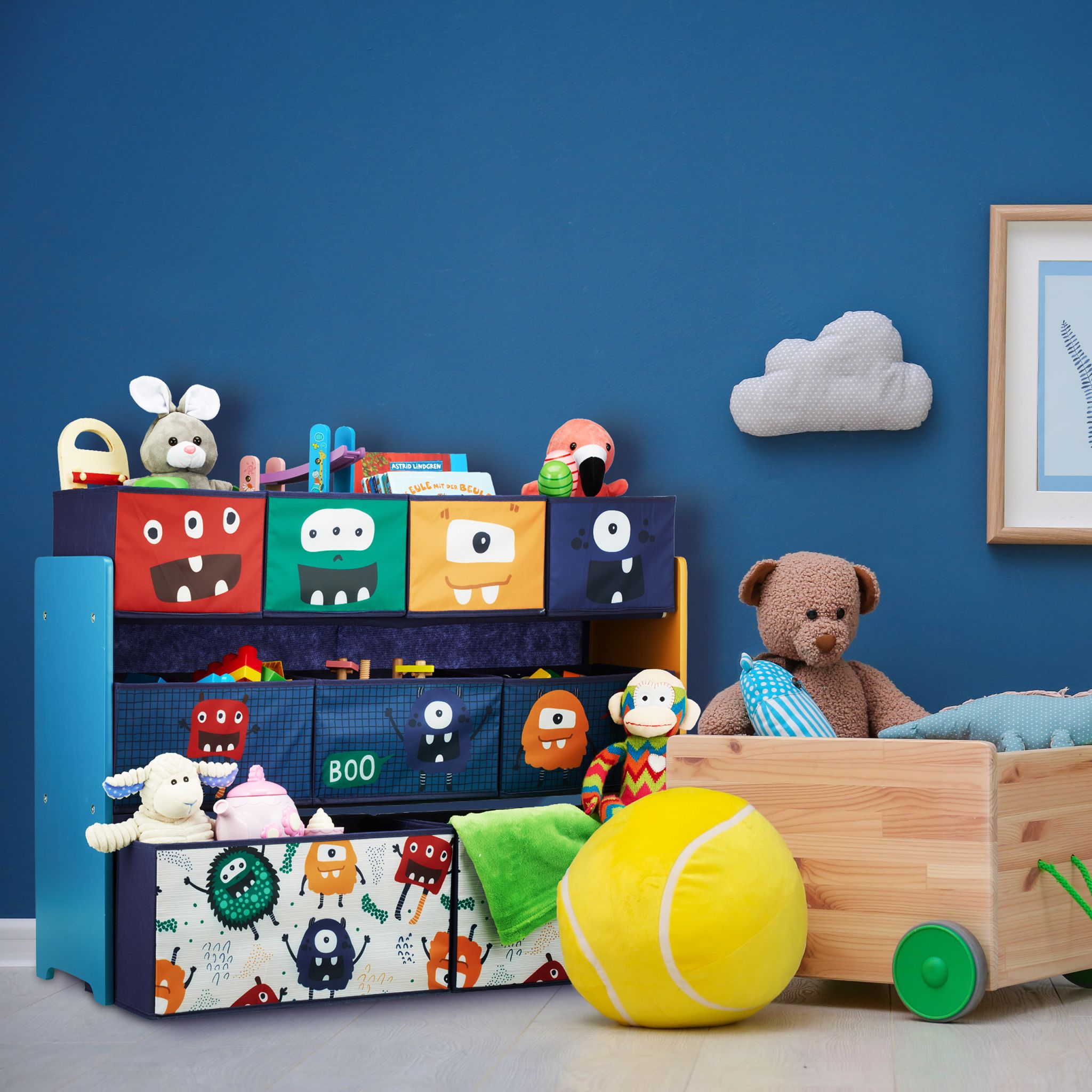 Kinderregal mit Boxen Monster Dunkelblau-Orange-Türkis von Relaxdays