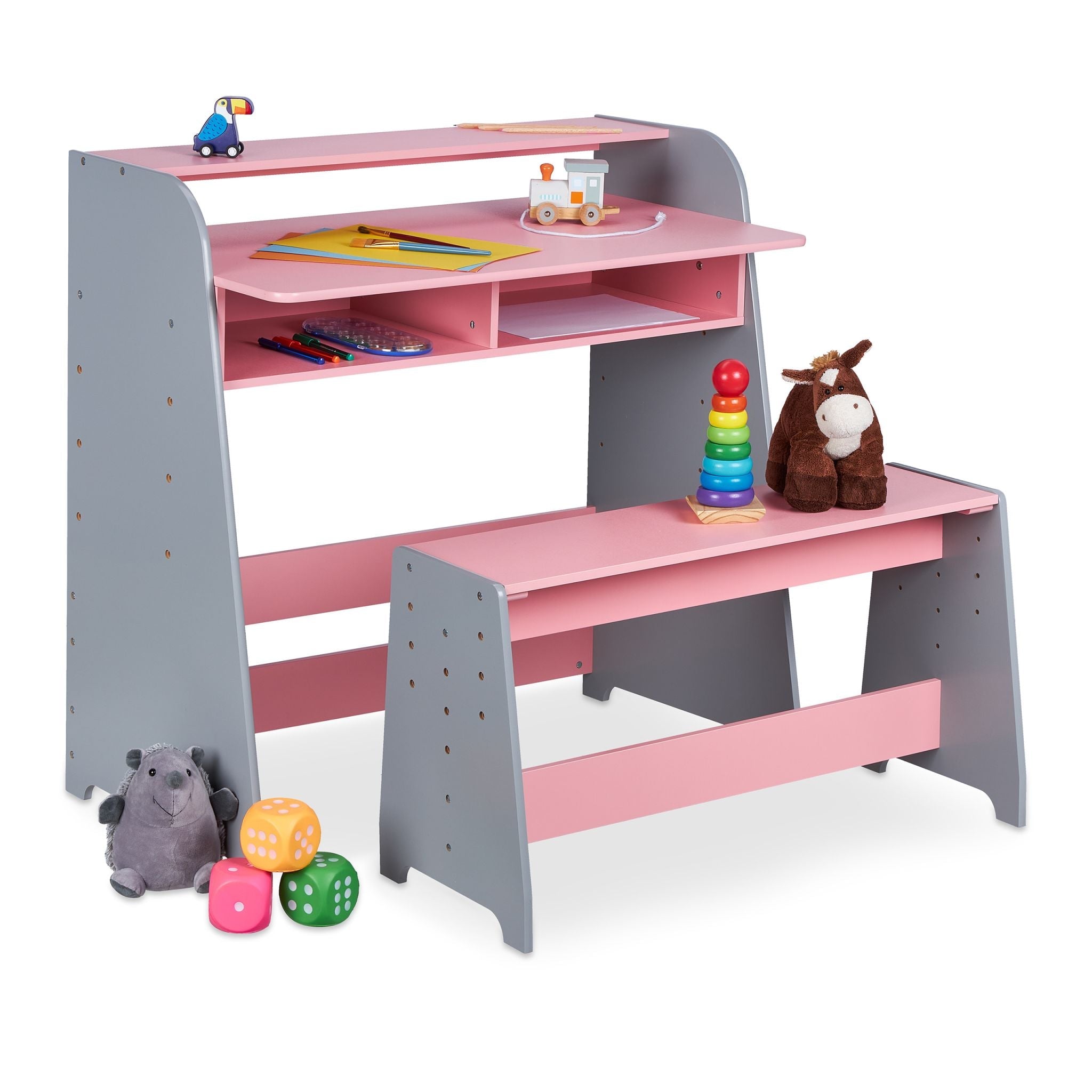 Kindertisch höhenverstellbar Rosa-Grau von Relaxdays