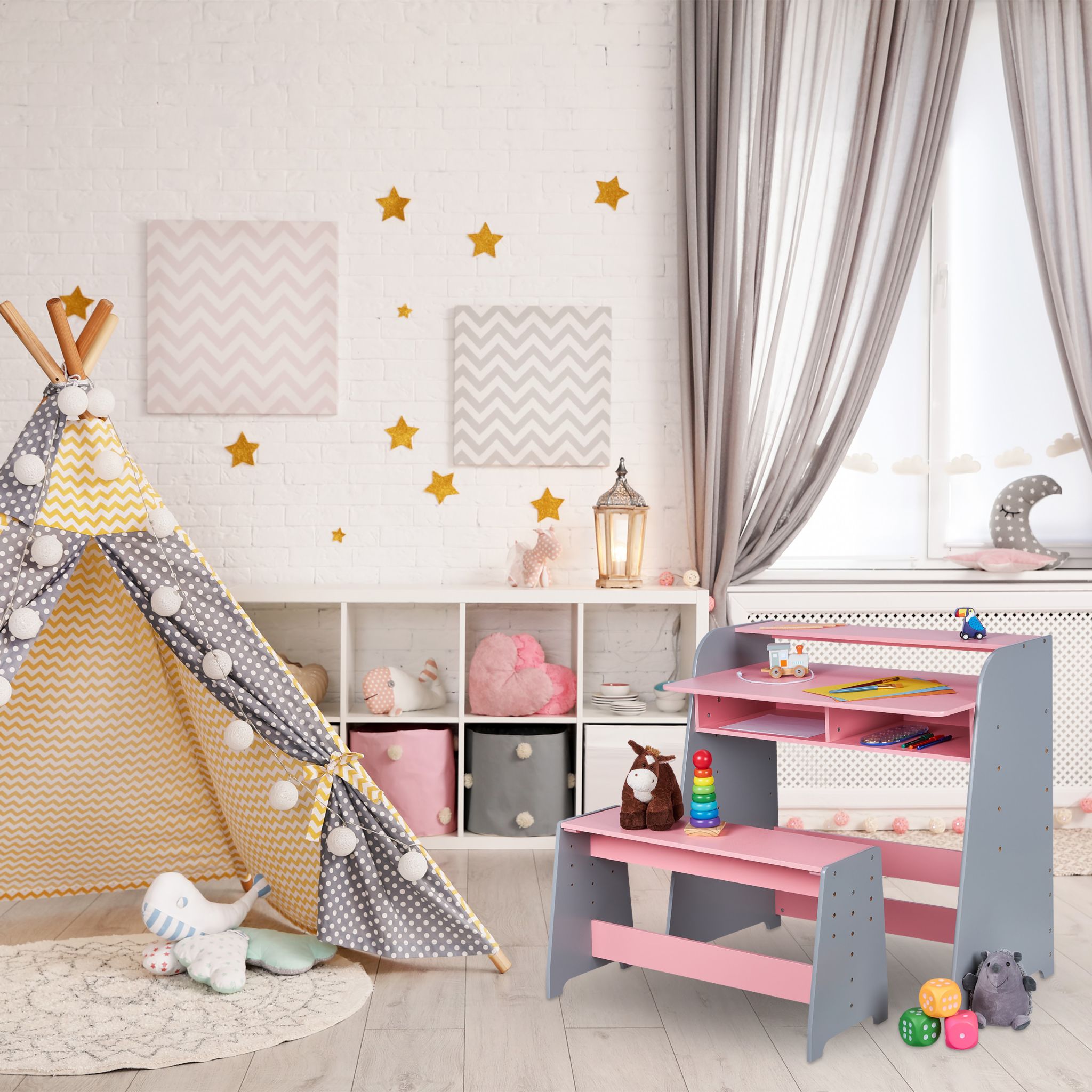 Kindertisch höhenverstellbar Rosa-Grau von Relaxdays