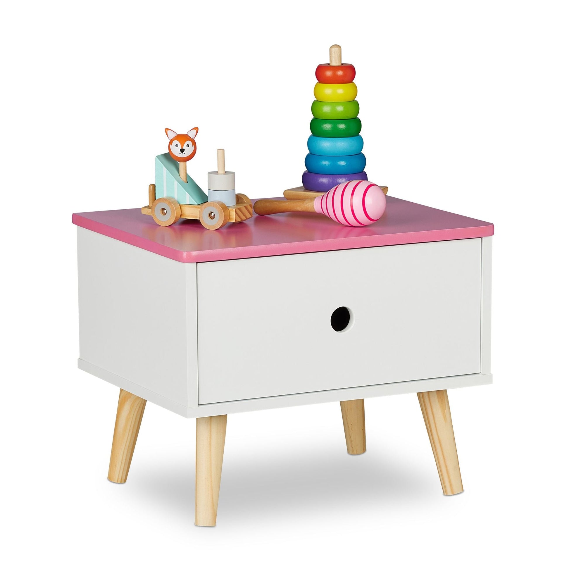 Nachttisch für Kinder mit Schublade Weiss-Hellbraun-Rosa von Relaxdays
