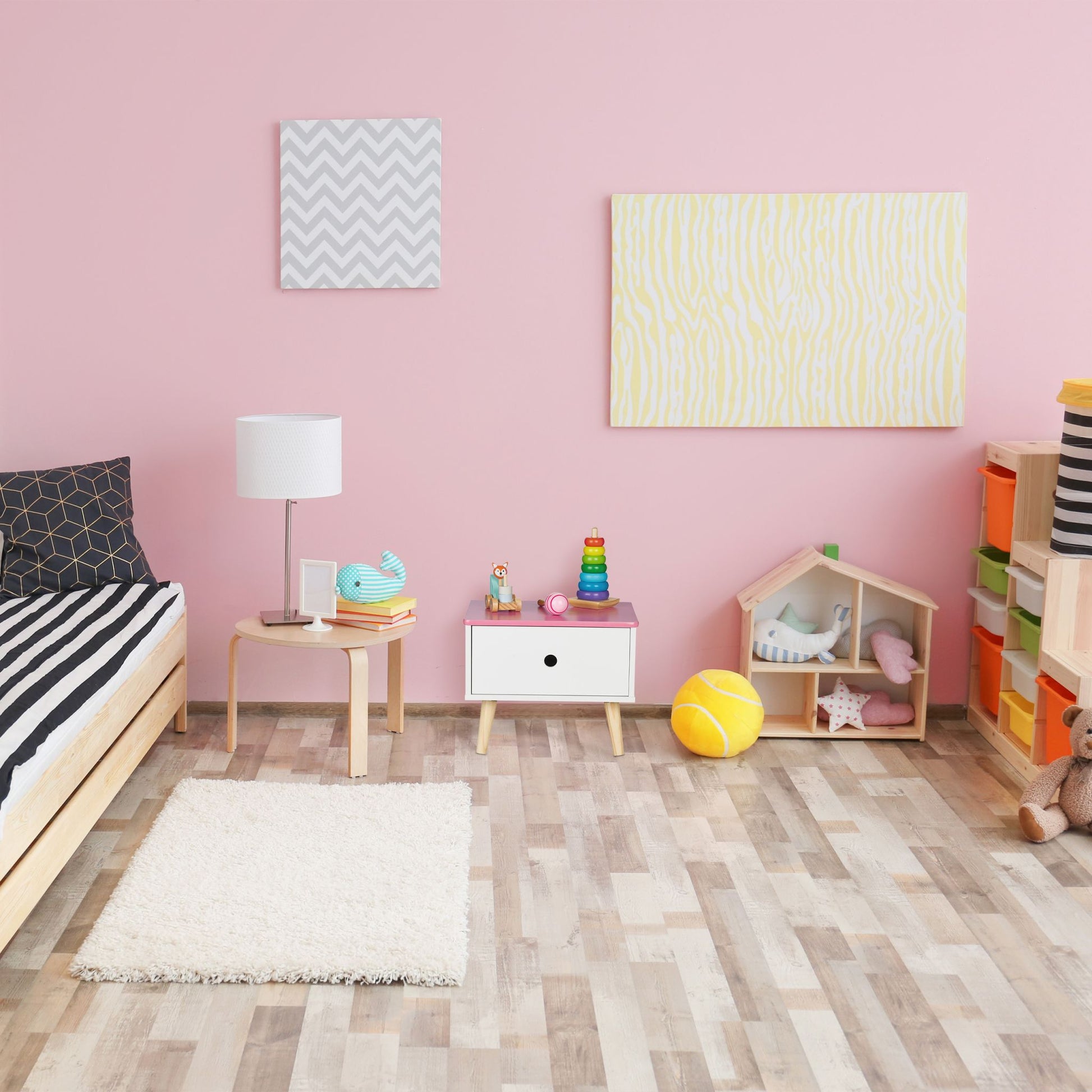 Nachttisch für Kinder mit Schublade Weiss-Hellbraun-Rosa von Relaxdays