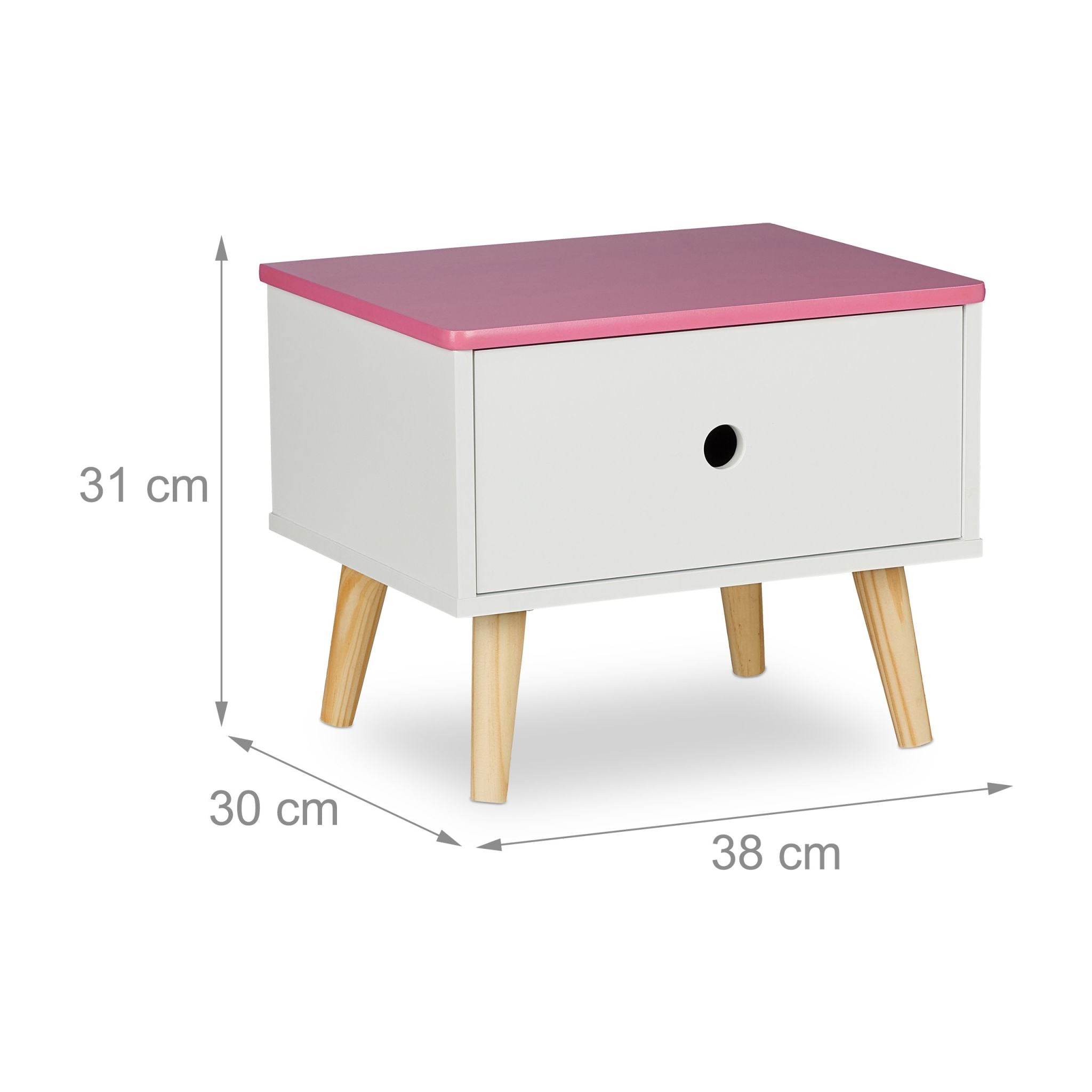 Nachttisch für Kinder mit Schublade Weiss-Hellbraun-Rosa von Relaxdays