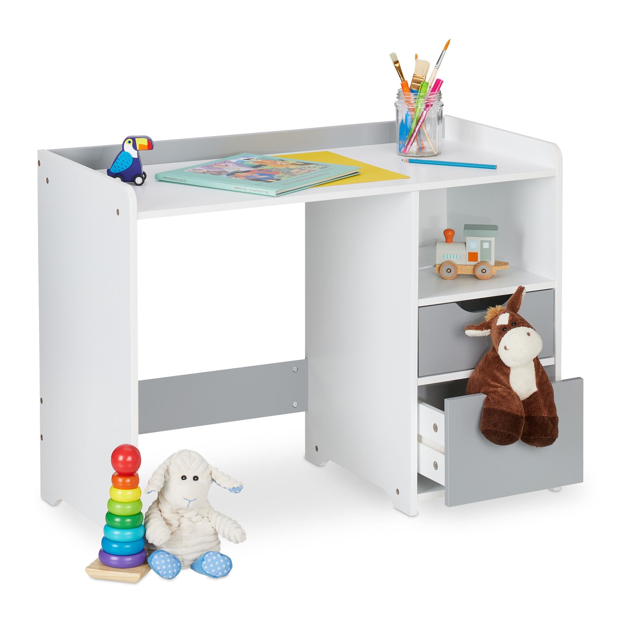 Schreibtisch für Kinder mit Schubladen Weiss-Grau von Relaxdays