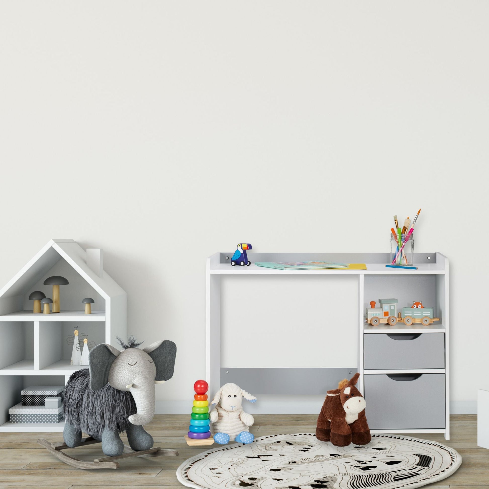 Schreibtisch für Kinder mit Schubladen Weiss-Grau von Relaxdays