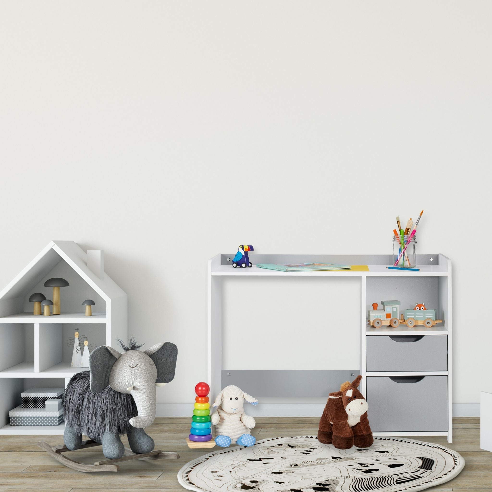 Schreibtisch für Kinder mit Schubladen Weiss-Grau von Relaxdays