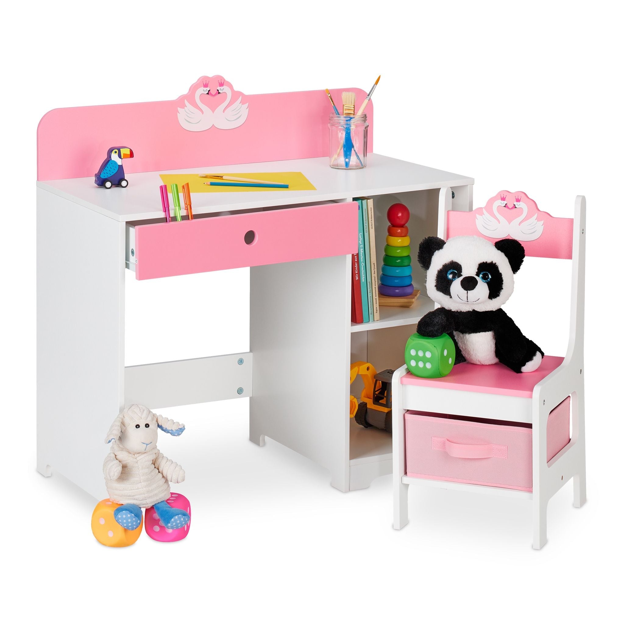Kinder Schreibtisch und Stuhl Schwan Weiss-Rosa von Relaxdays