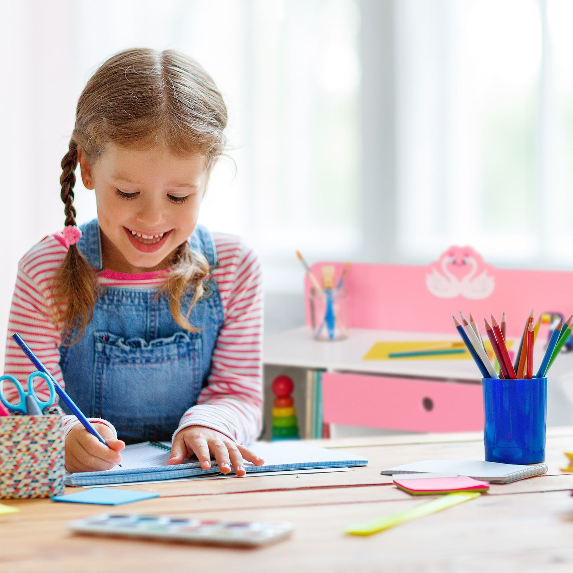 Kinder Schreibtisch und Stuhl Schwan Weiss-Rosa von Relaxdays