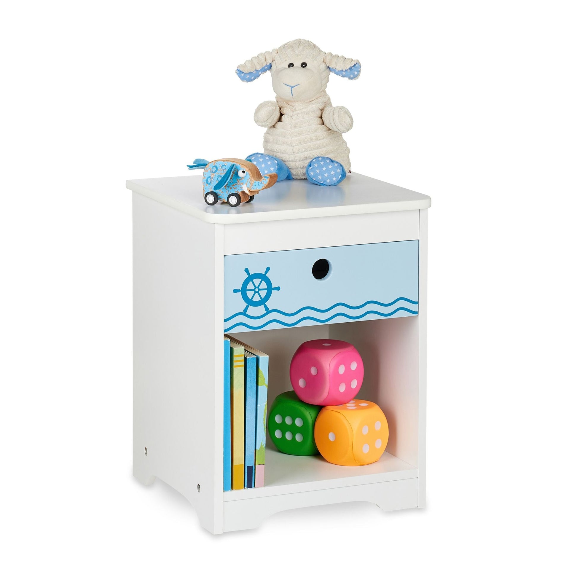 Nachttisch für Kinder mit Schublade Weiss-Blau-Hellblau von Relaxdays