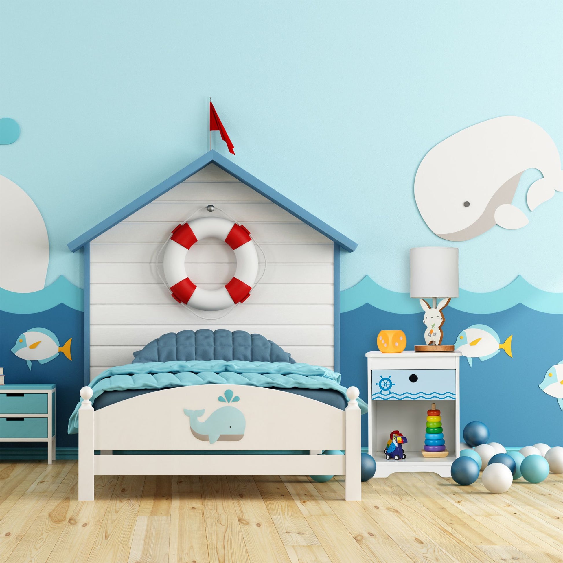Nachttisch für Kinder mit Schublade Weiss-Blau-Hellblau von Relaxdays