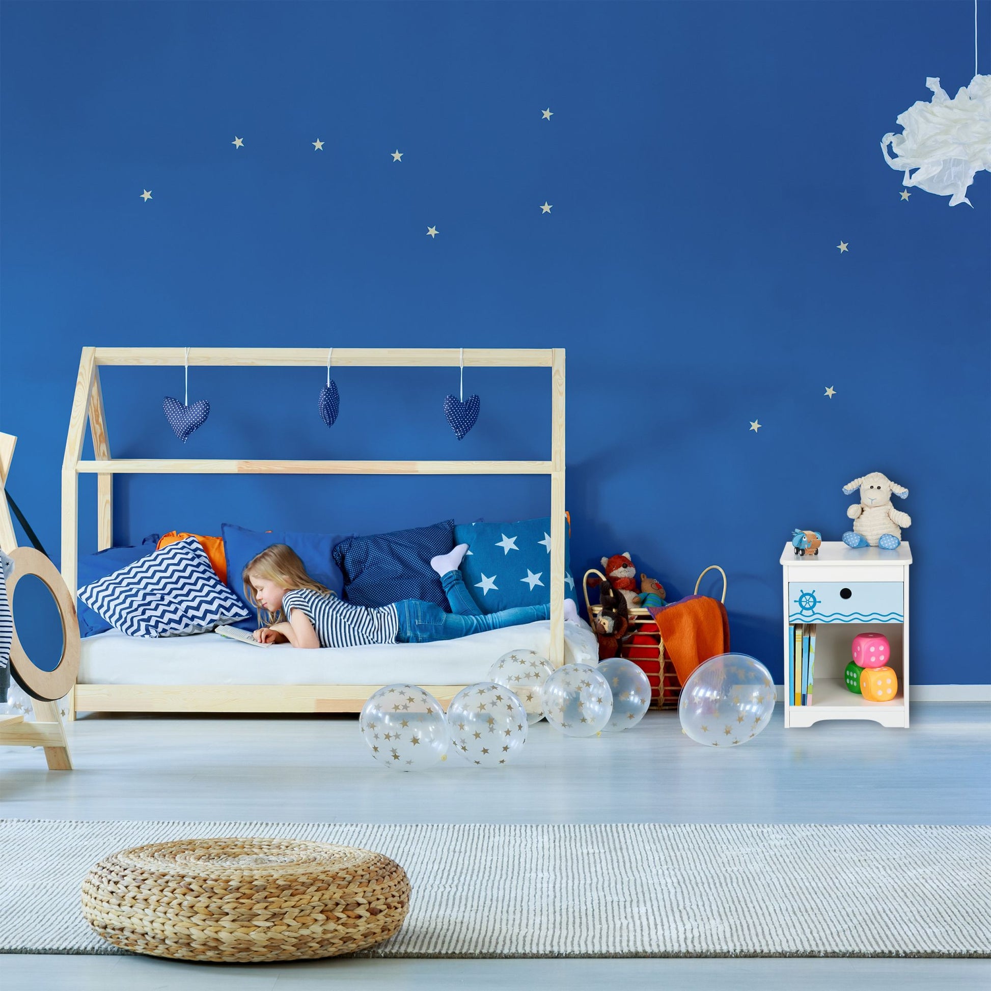 Nachttisch für Kinder mit Schublade Weiss-Blau-Hellblau von Relaxdays