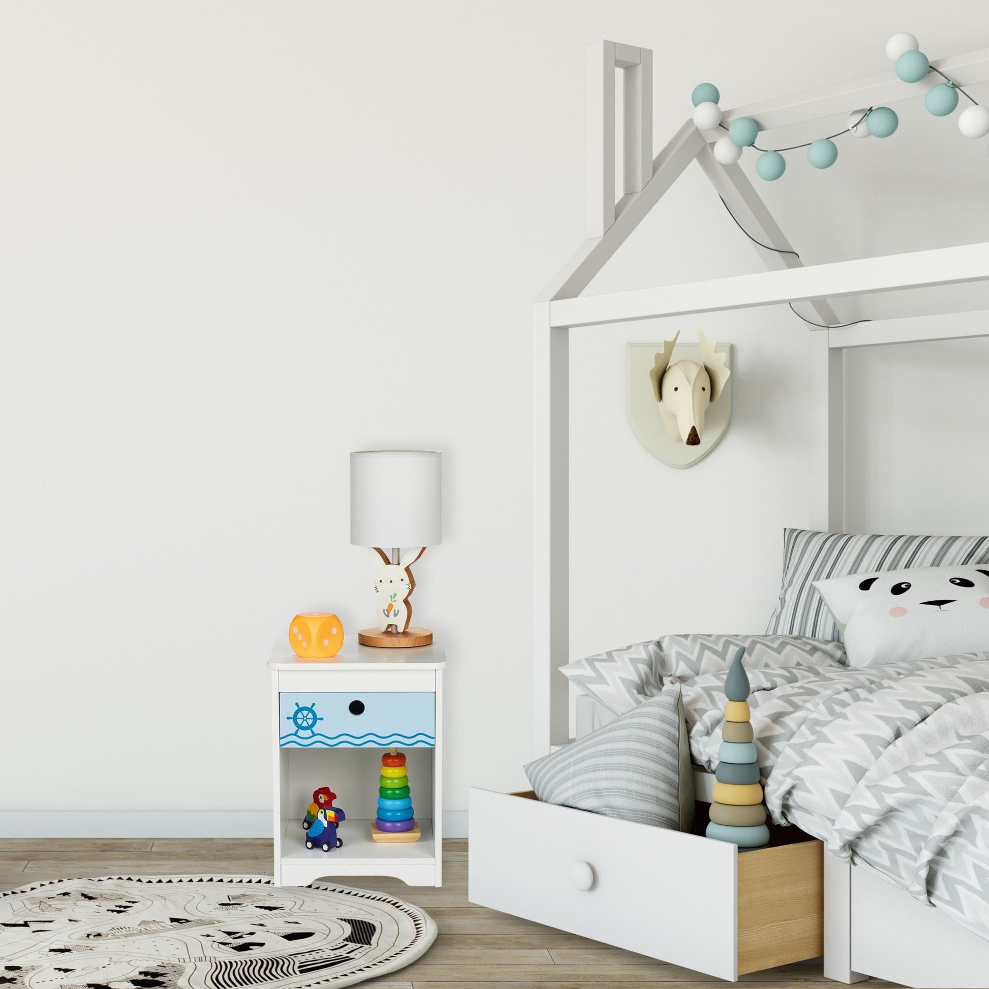 Nachttisch für Kinder mit Schublade Weiss-Blau-Hellblau von Relaxdays
