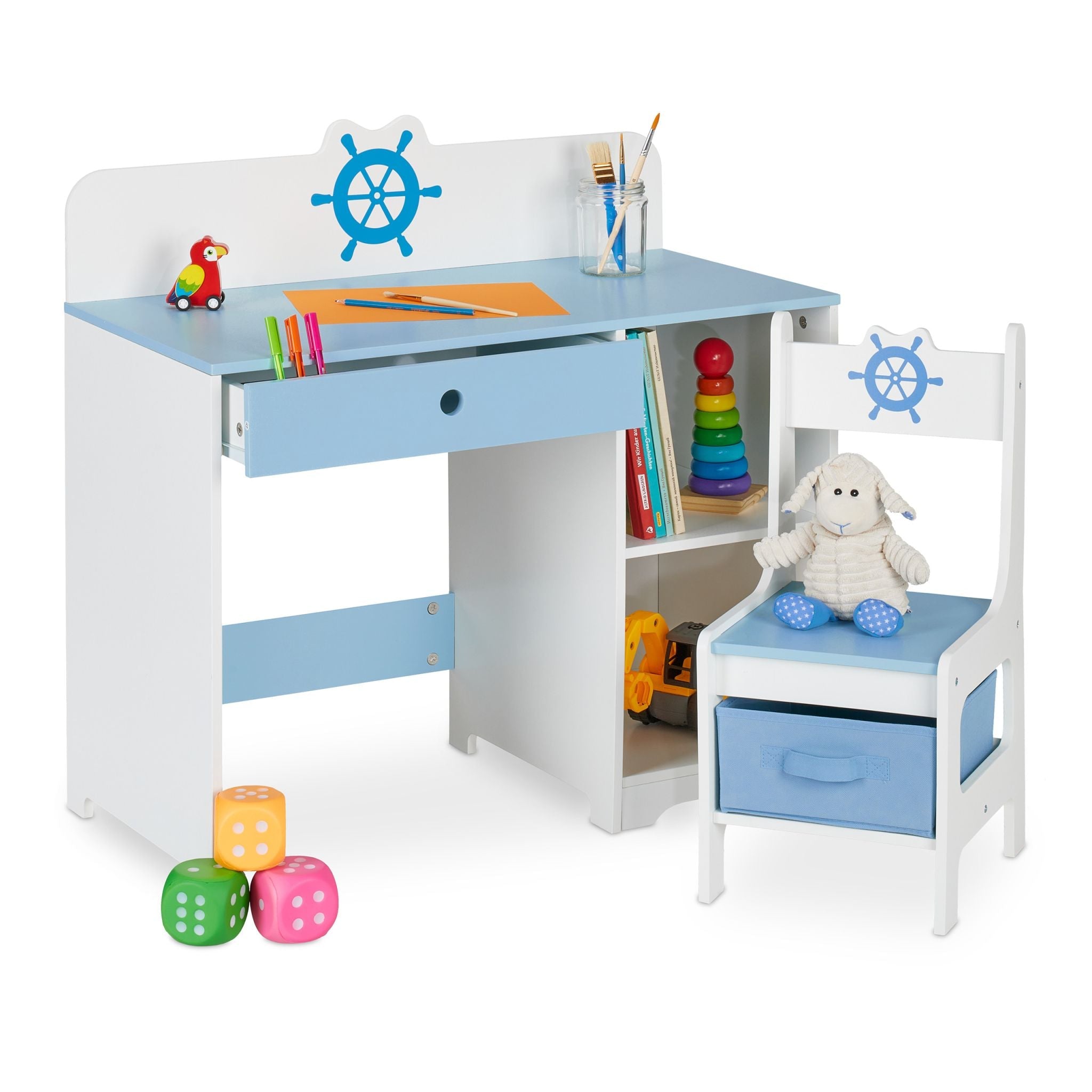 Kinder Schreibtisch und Stuhl Seefahrt Weiss-Hellblau von Relaxdays