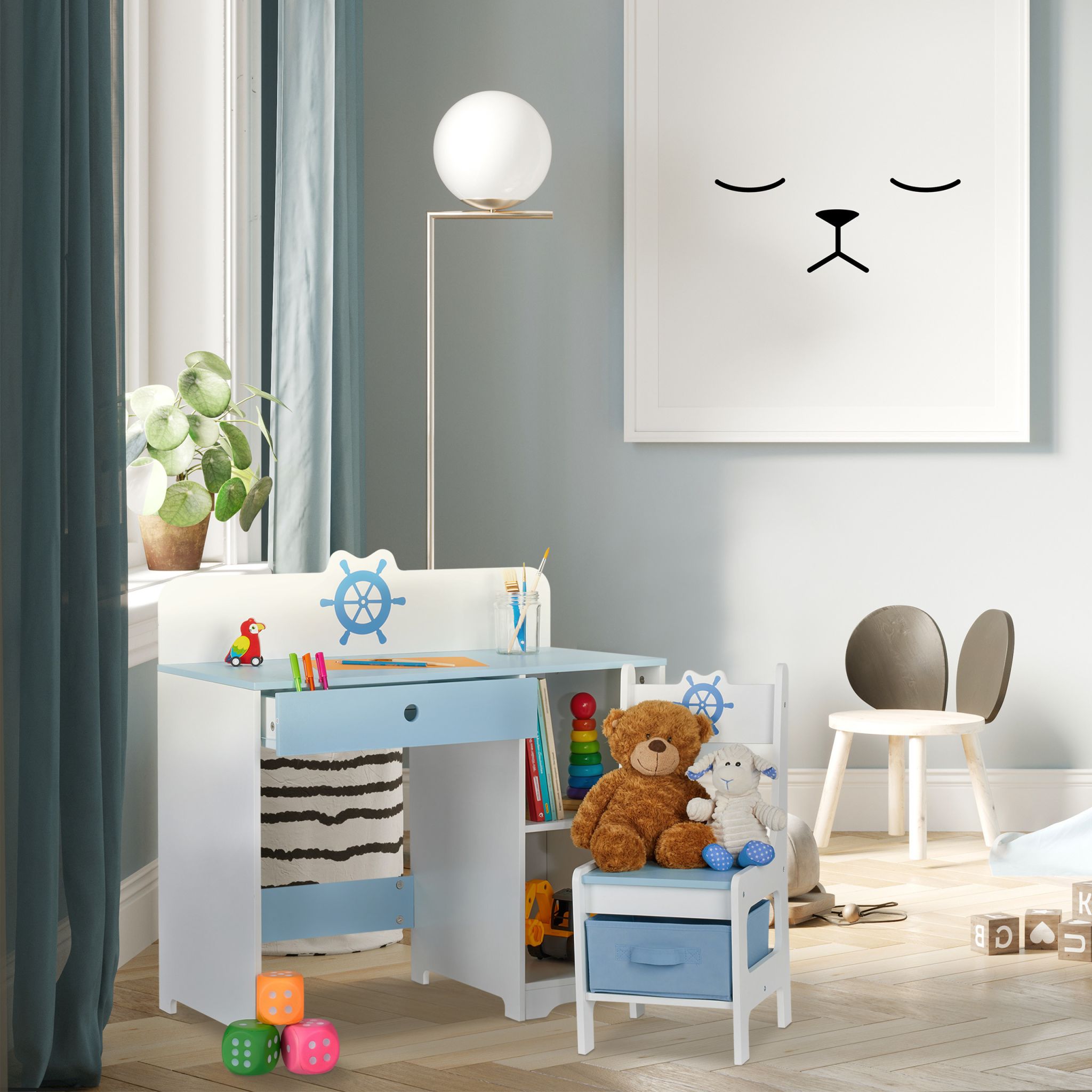 Kinder Schreibtisch und Stuhl Seefahrt Weiss-Hellblau von Relaxdays