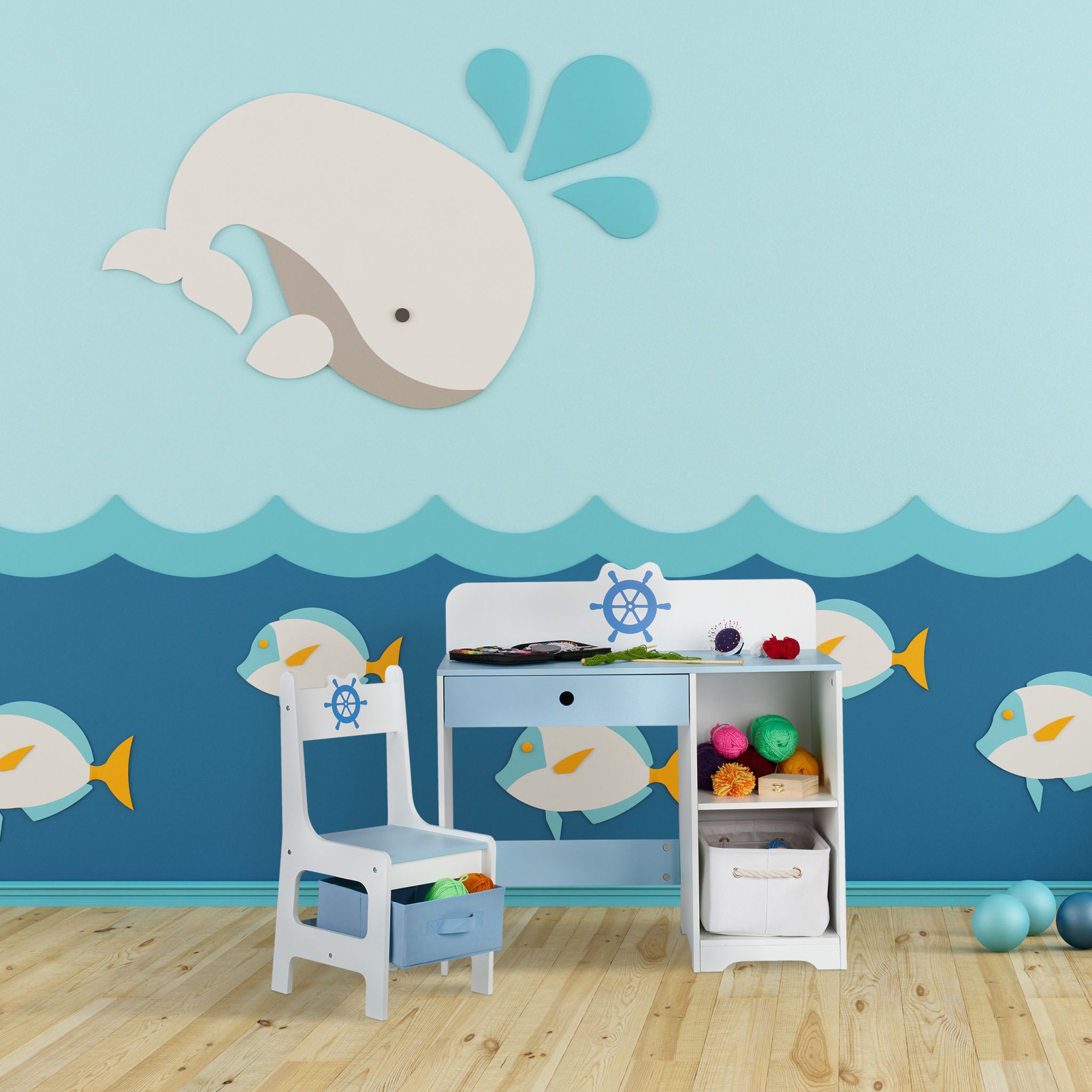 Kinder Schreibtisch und Stuhl Seefahrt Weiss-Hellblau von Relaxdays