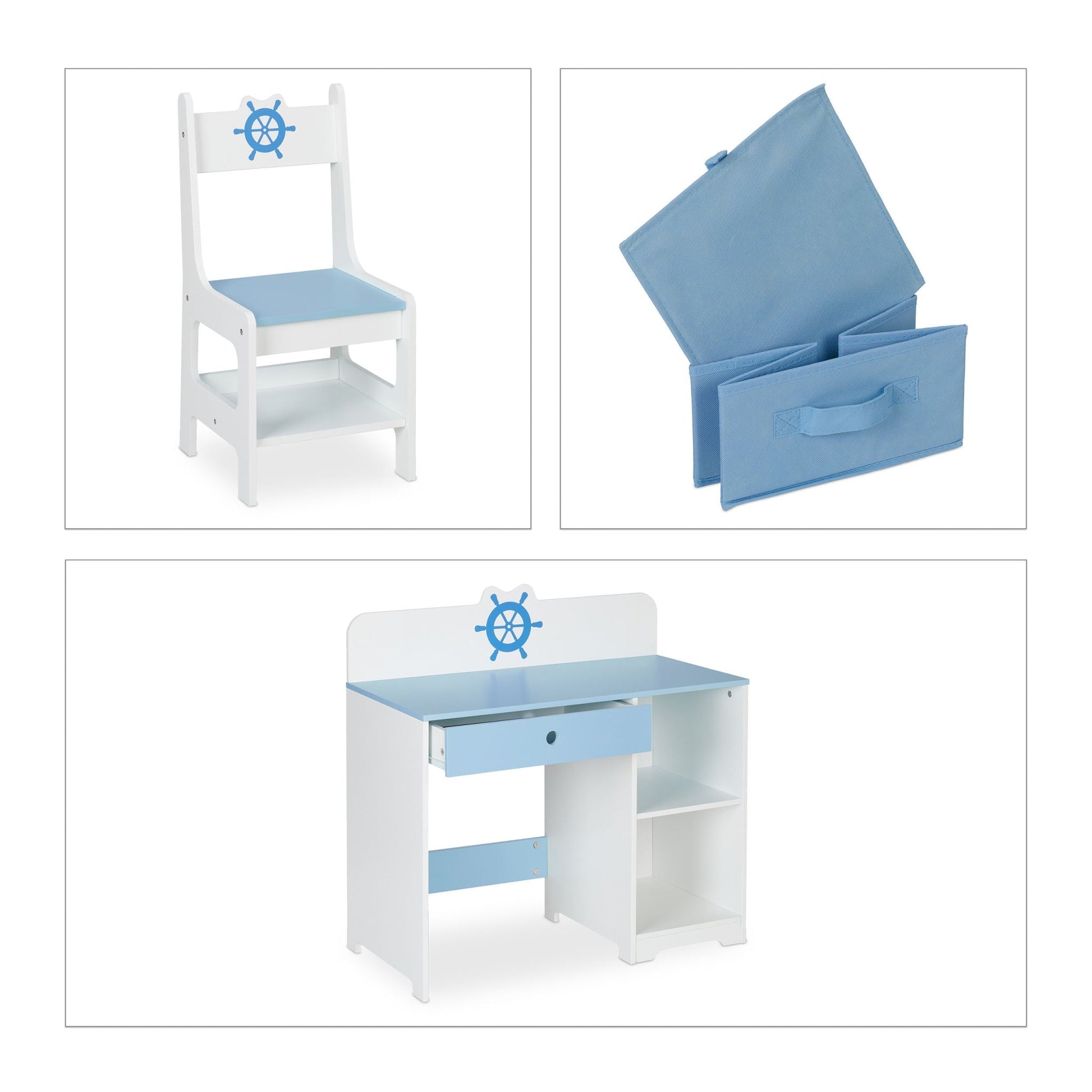 Kinder Schreibtisch und Stuhl Seefahrt Weiss-Hellblau von Relaxdays