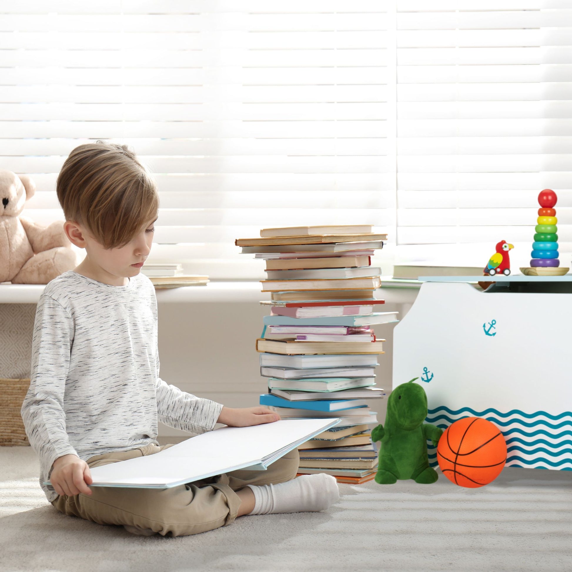 Spielzeugtruhe mit Bücherfächern Weiss-Hellblau von Relaxdays