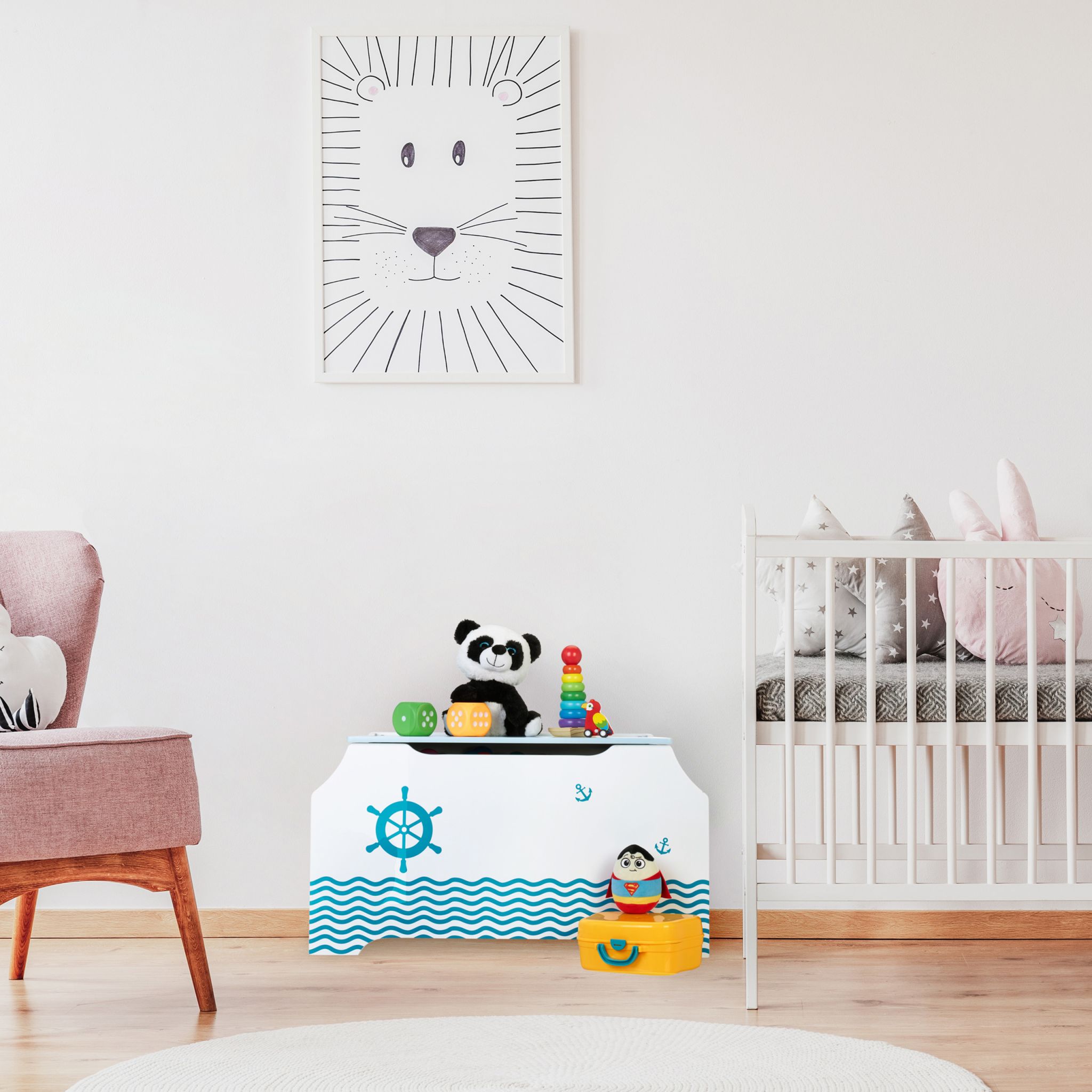 Spielzeugtruhe mit Bücherfächern Weiss-Hellblau von Relaxdays