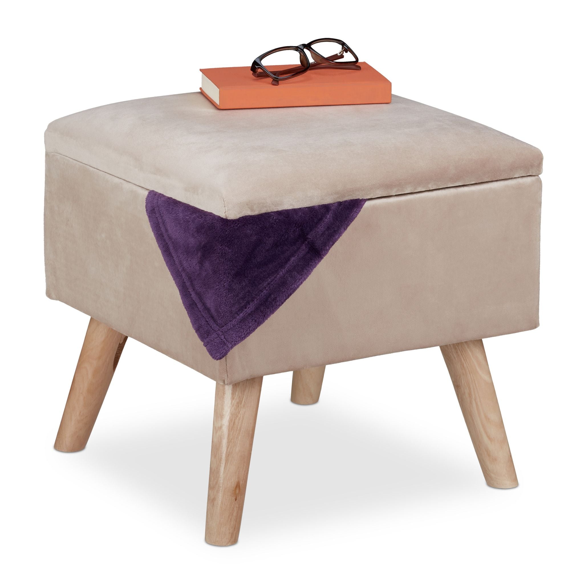 Samthocker mit Stauraum Creme-Hellbraun von Relaxdays