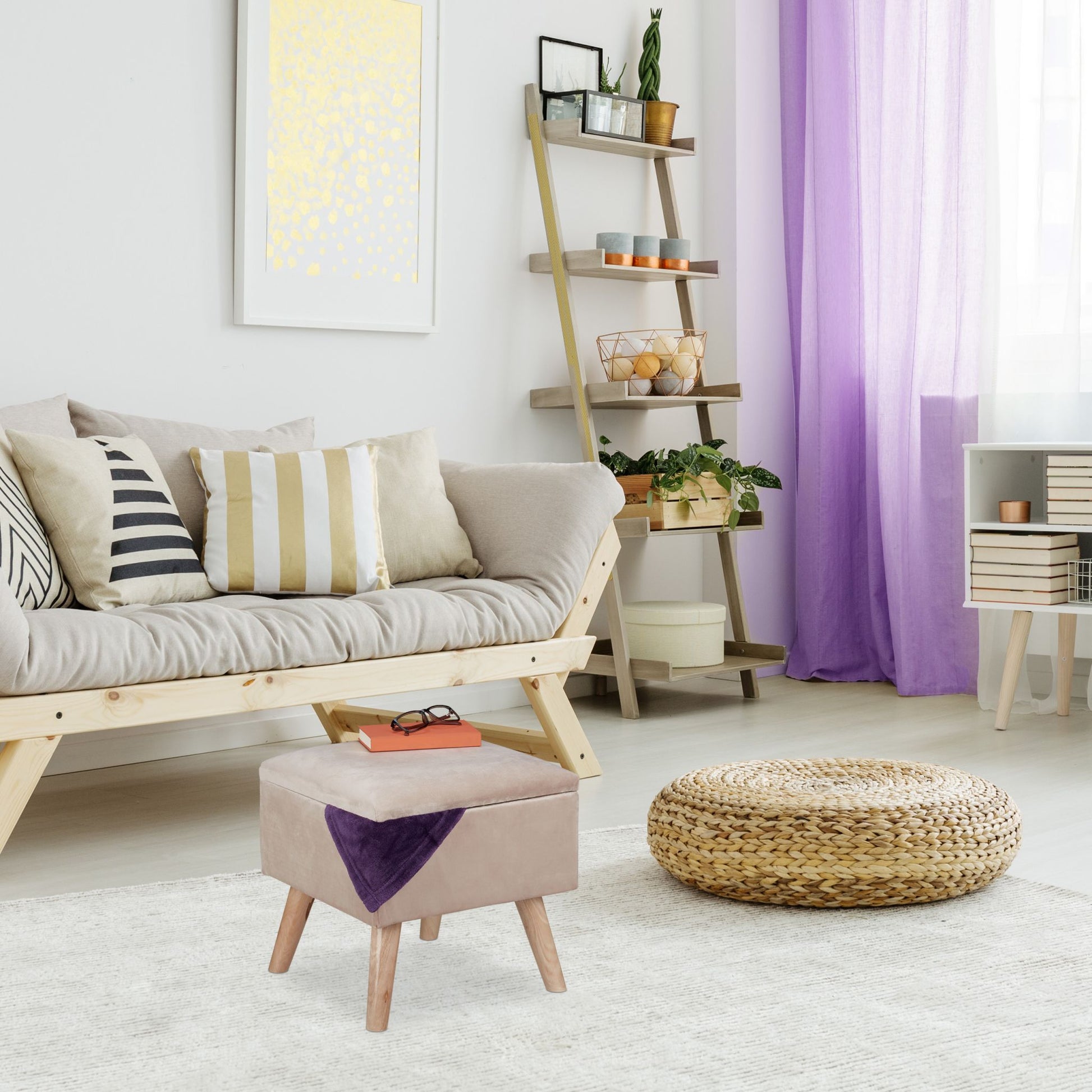 Samthocker mit Stauraum Creme-Hellbraun von Relaxdays