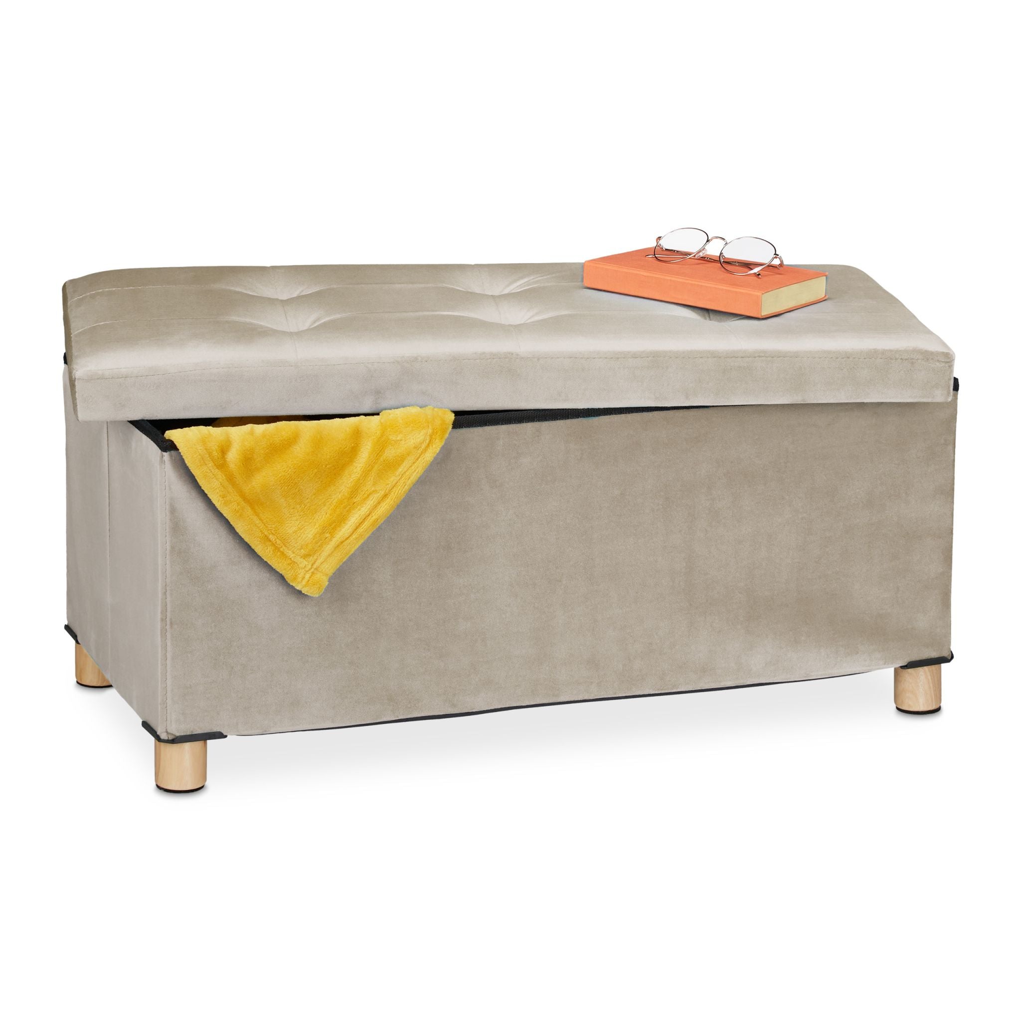 Sitzbank mit Samtbezug und Holzfüsse Creme-Hellbraun von Relaxdays