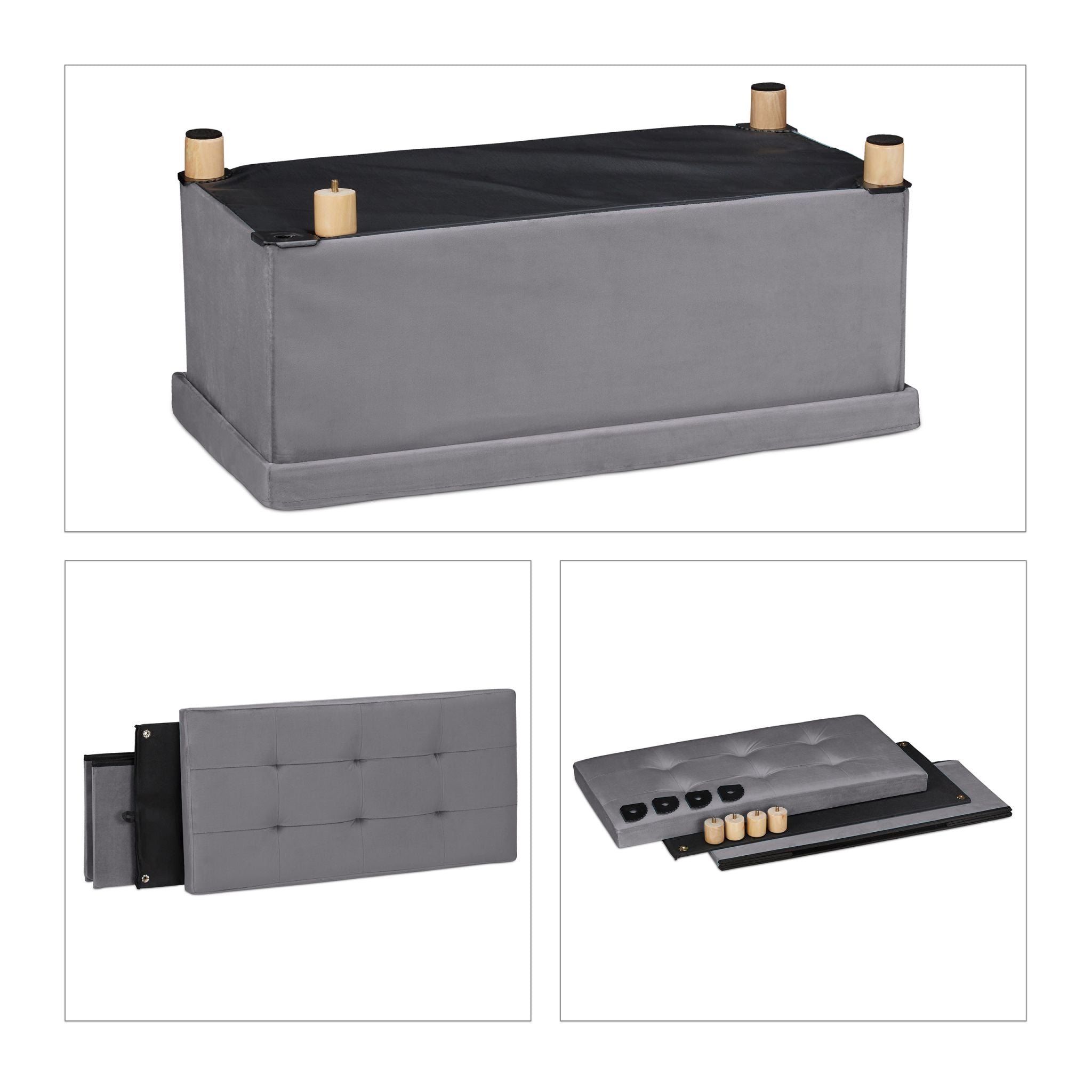 Sitzbank mit Samtbezug und Holzfüsse Anthrazit-Hellbraun von Relaxdays