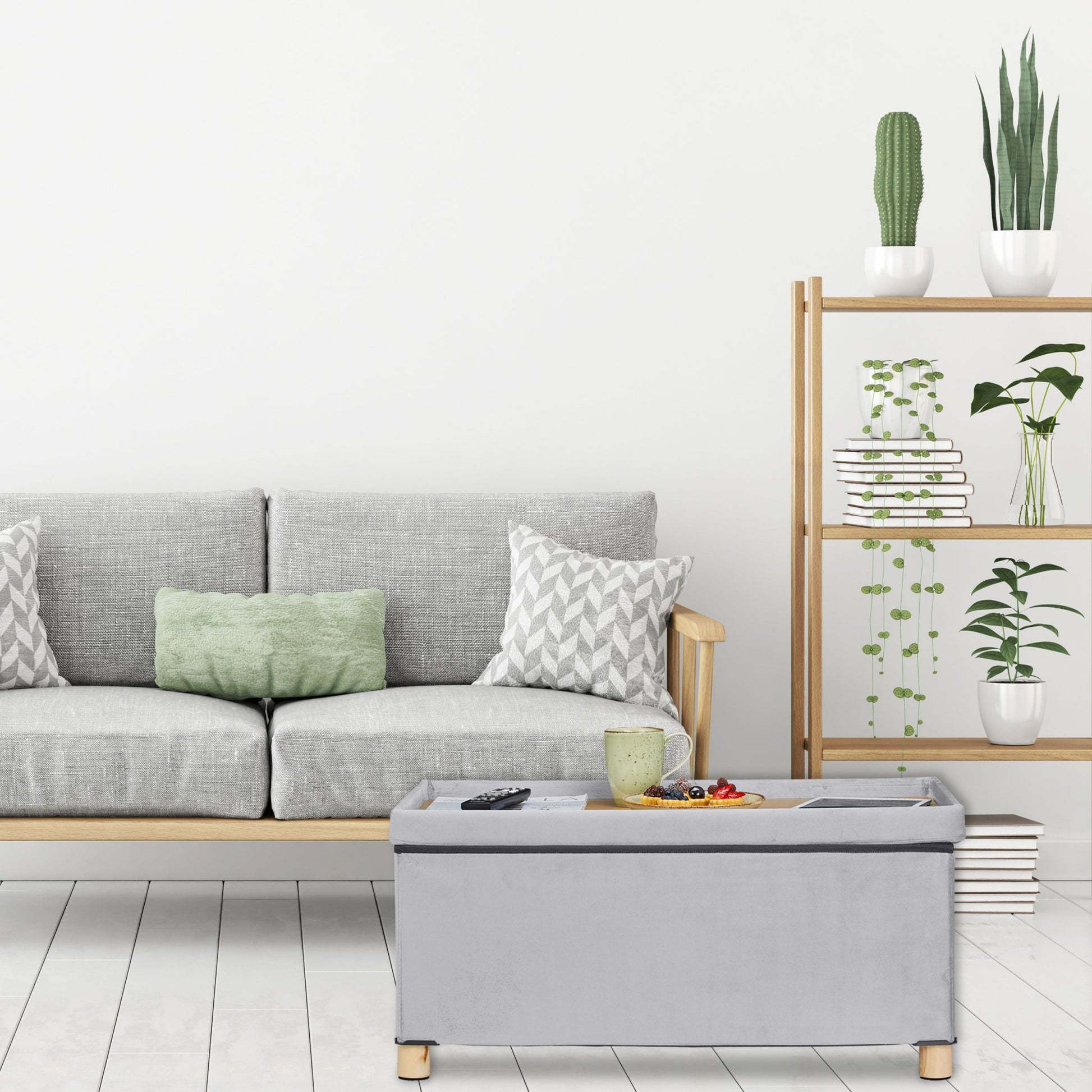 Sitzbank mit Samtbezug und Holzfüsse Hellbraun-Grau von Relaxdays