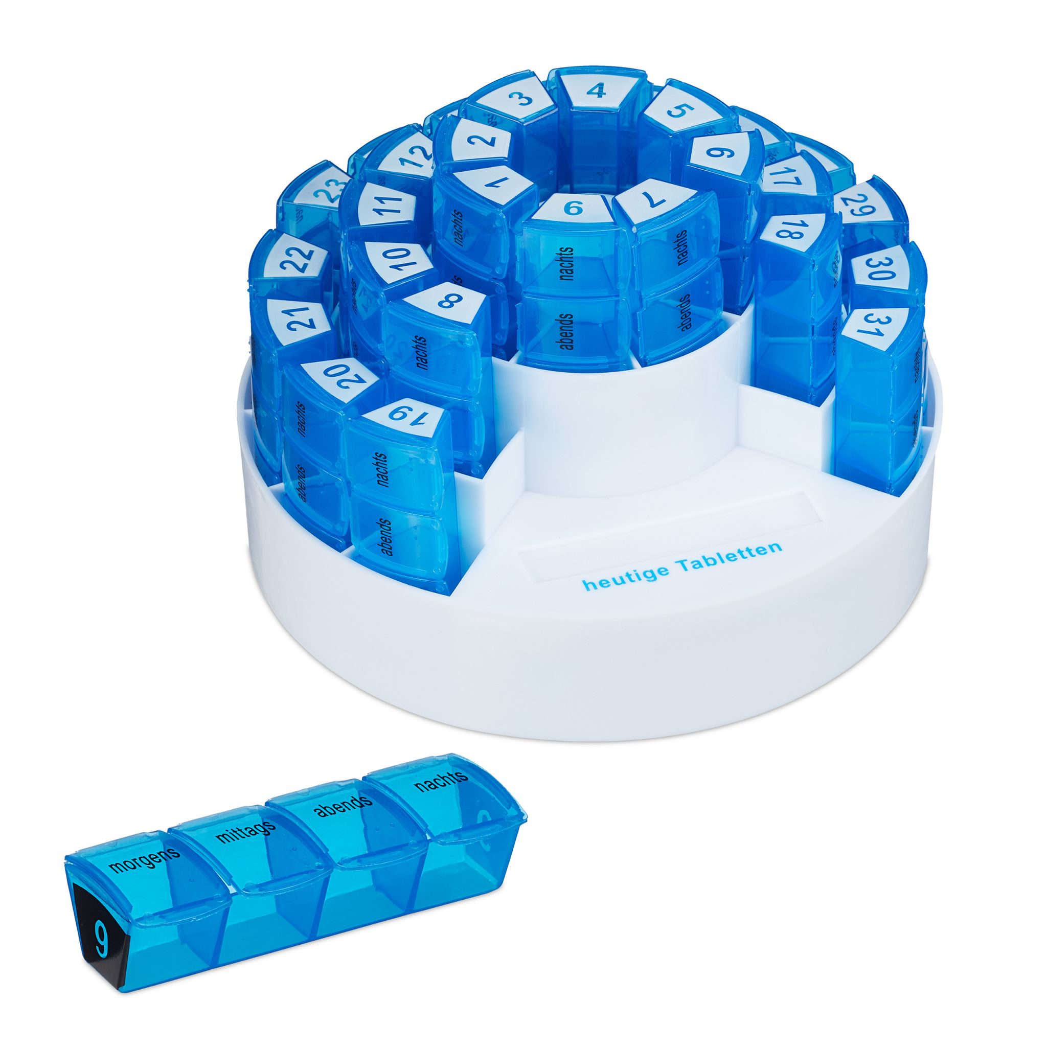 Tablettenbox für 1 Monat Weiss-Blau von Relaxdays