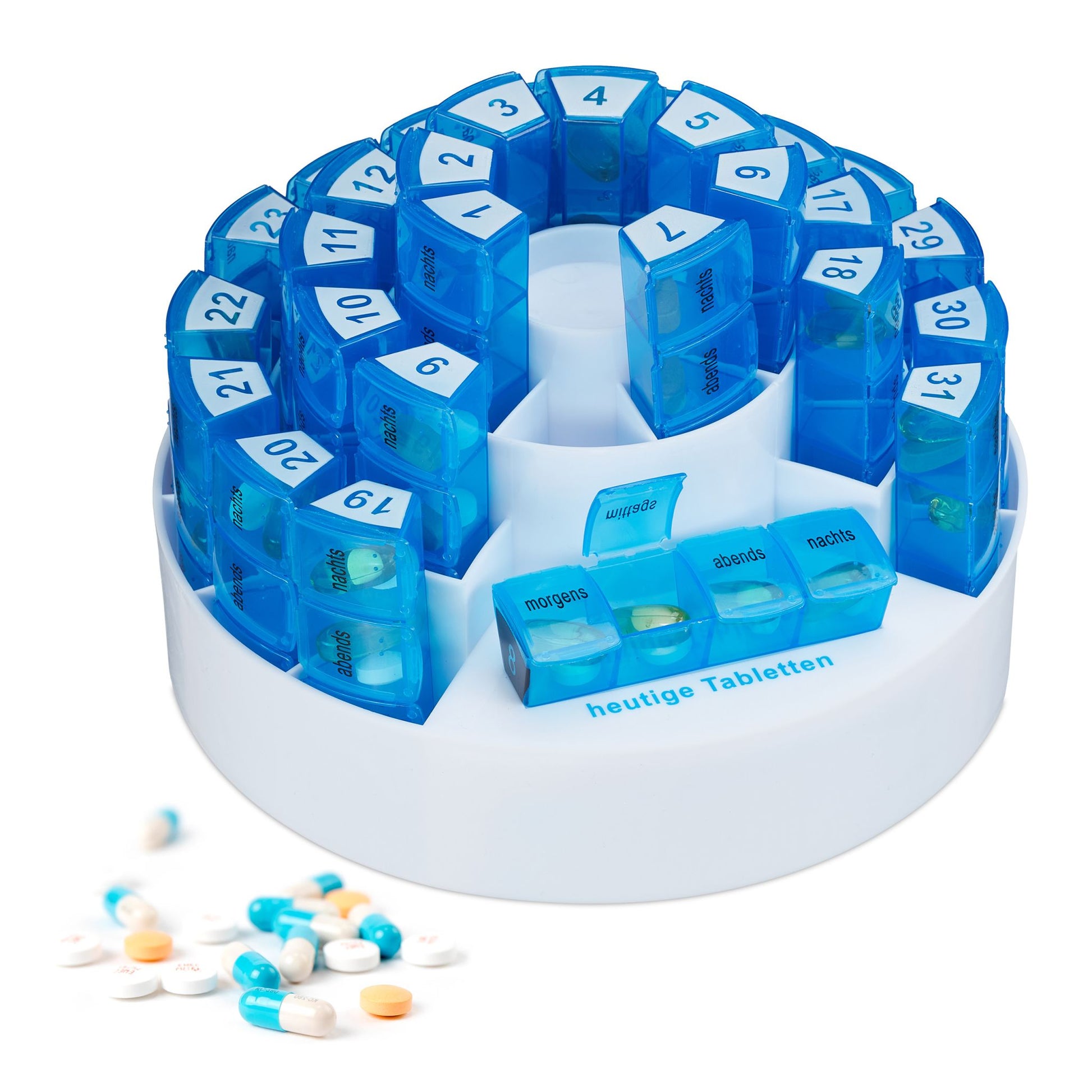 Tablettenbox für 1 Monat Weiss-Blau von Relaxdays