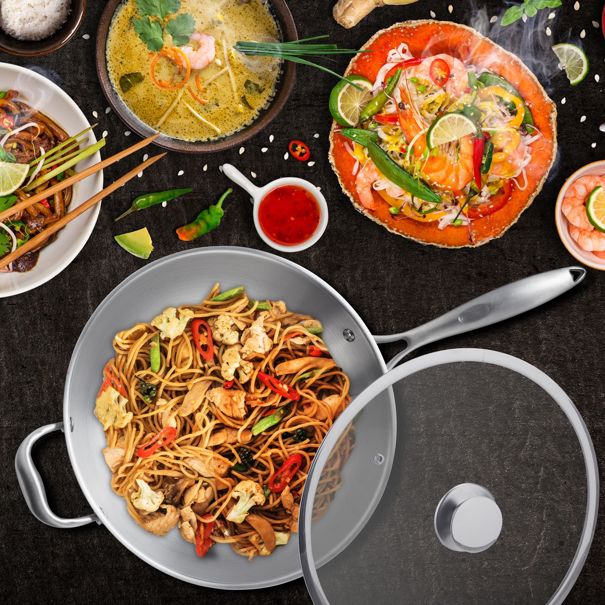 Edelstahl Wok mit Glasdeckel Silber-Transparent