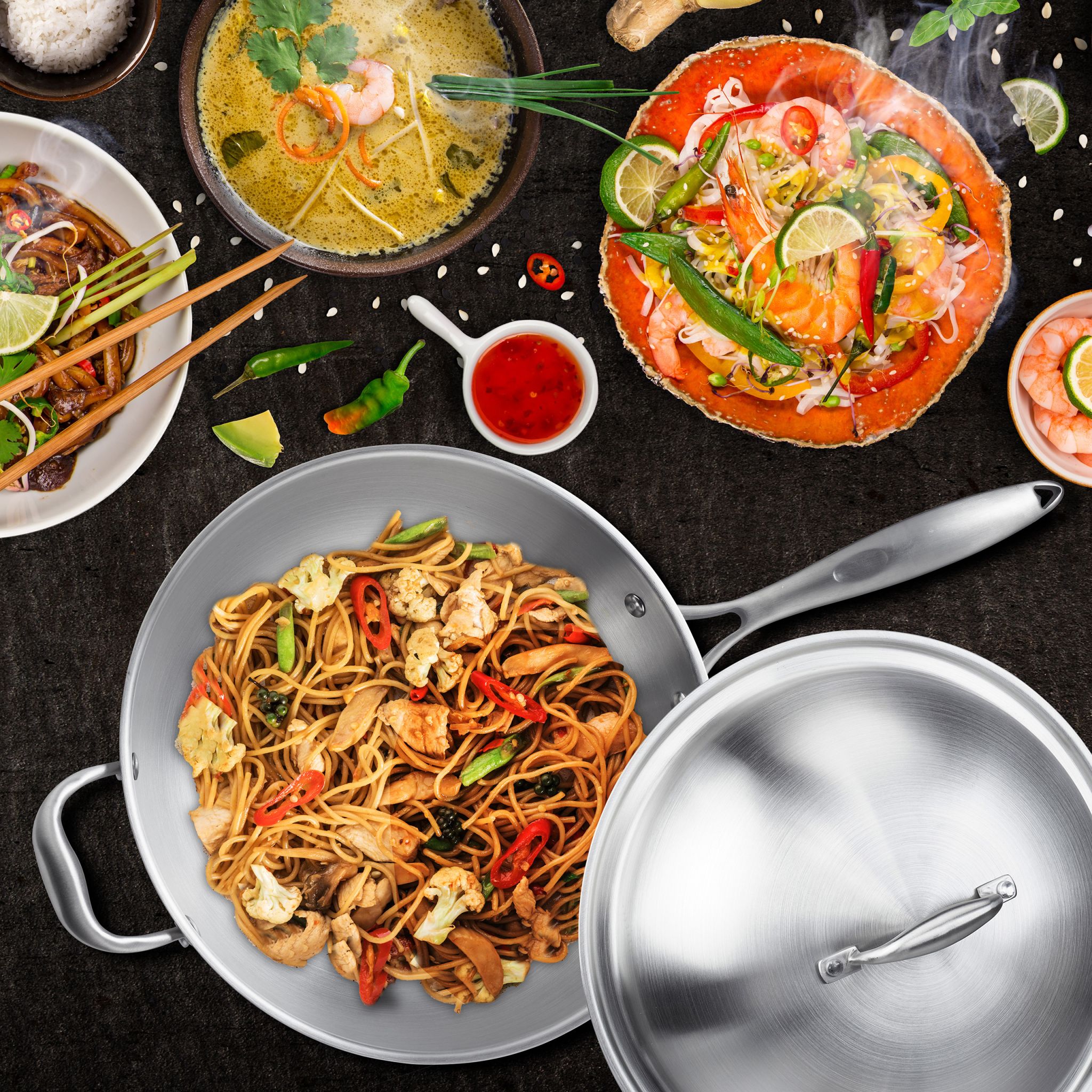 Edelstahl Wok mit Deckel Silber