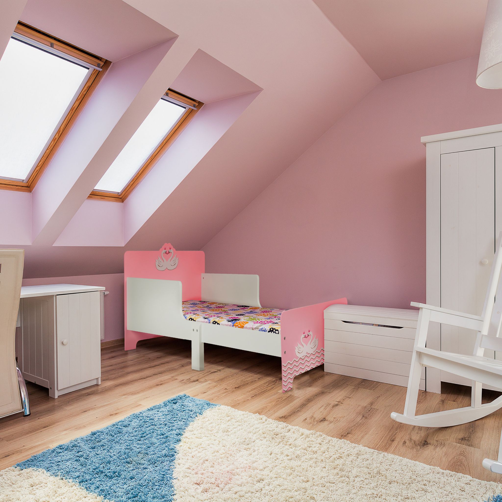 Kinderbett Schwan Weiss-Hellbraun-Rosa von Relaxdays