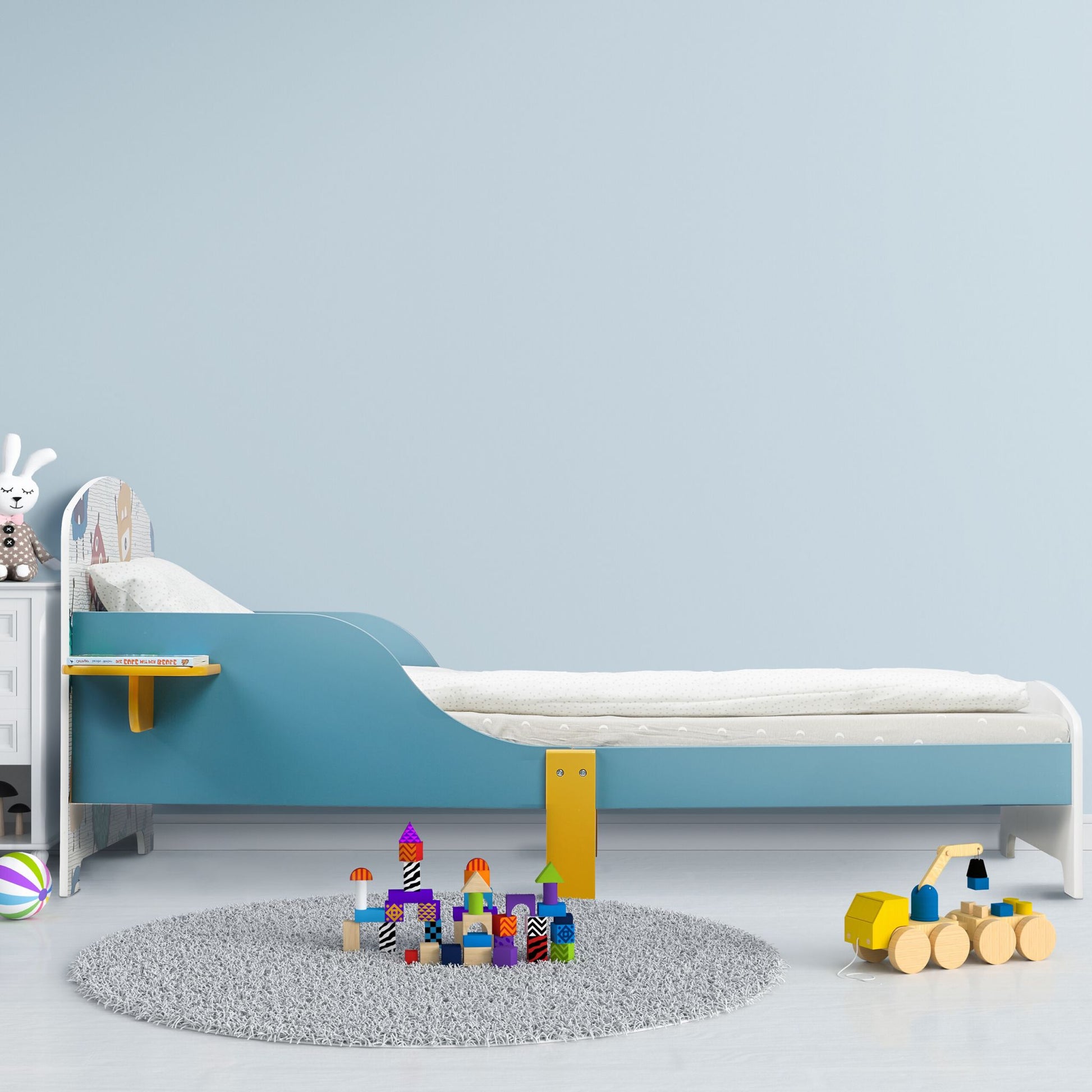 Kinderbett kleine Monster mit Ablage Weiss-Blau-Rot von Relaxdays
