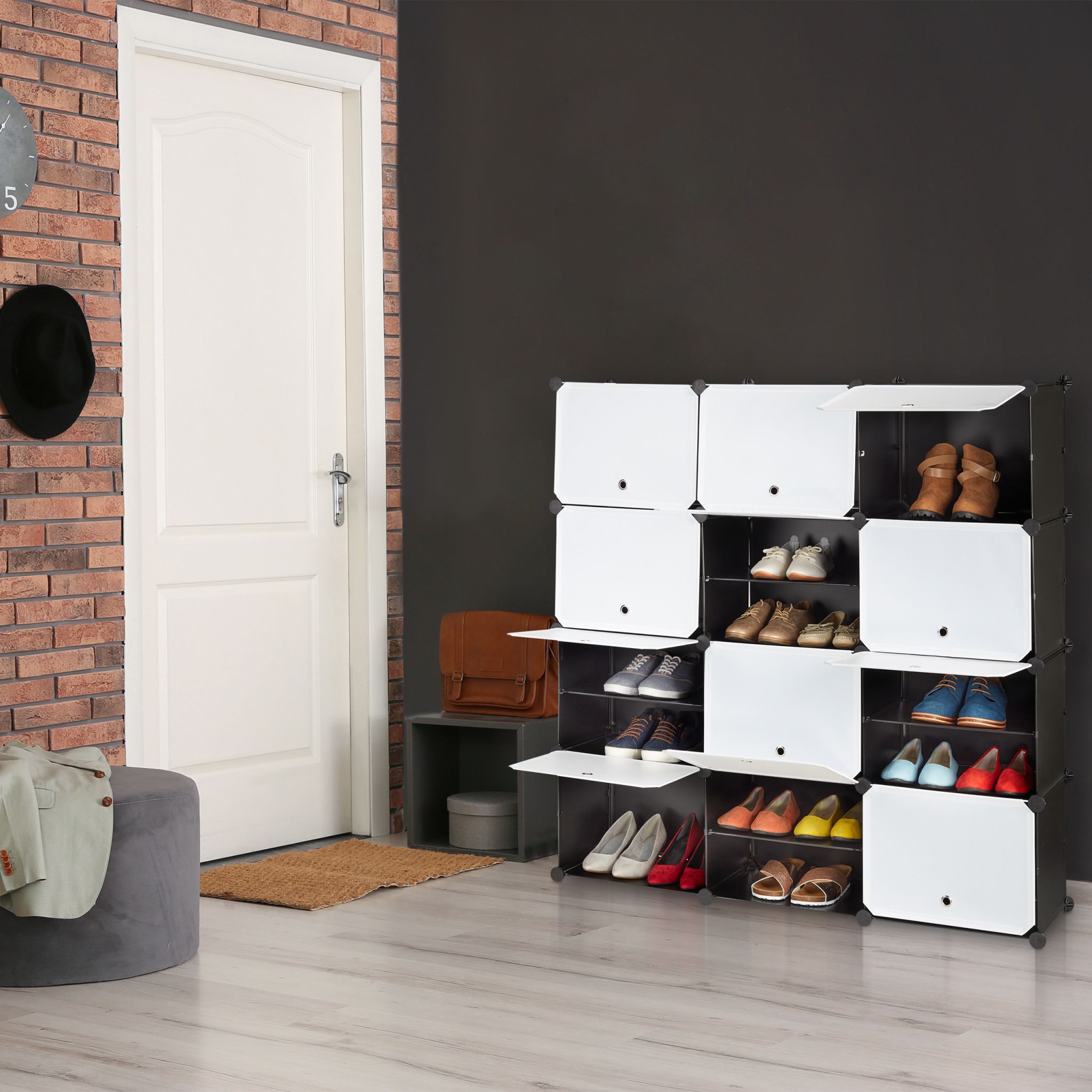 Schuhschrank Stecksystem 24 Fächer Weiss-Schwarz von Relaxdays