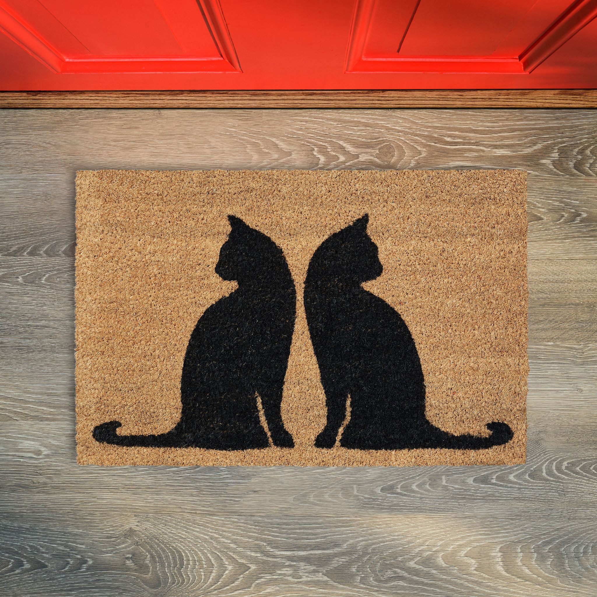 Kokos Fussmatte mit Katzenmotiv Hellbraun-Schwarz von Relaxdays