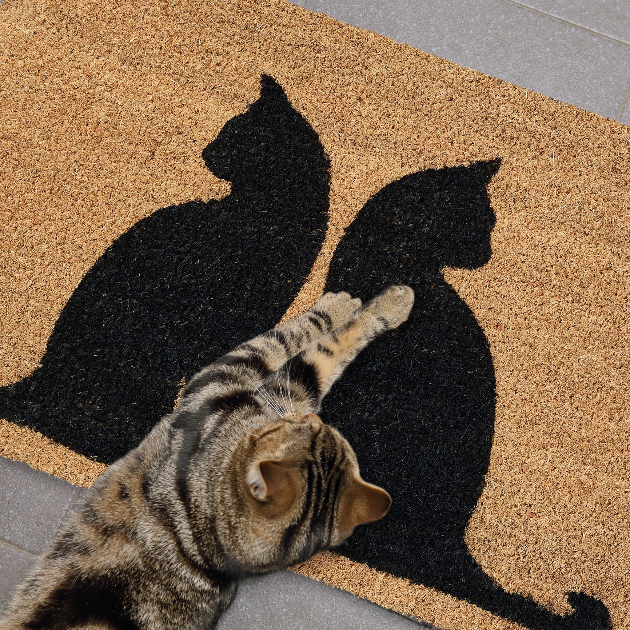 Kokos Fussmatte mit Katzenmotiv Hellbraun-Schwarz von Relaxdays