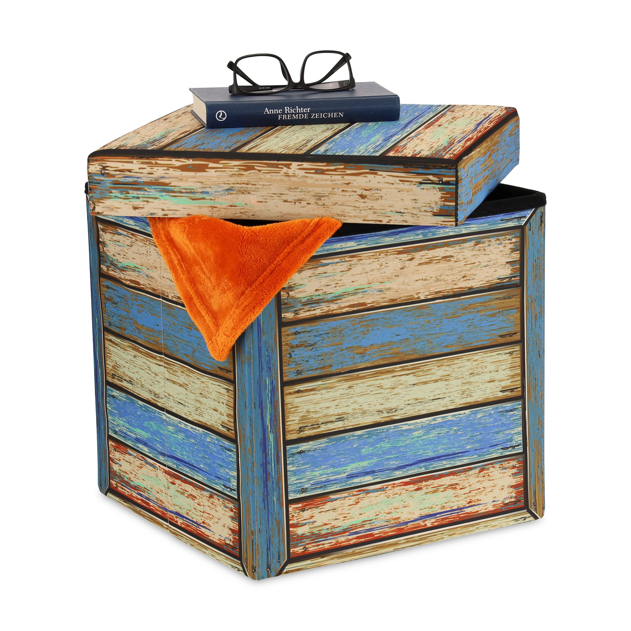 Vintage Sitzhocker mit Stauraum Blau-Creme-Rot von Relaxdays