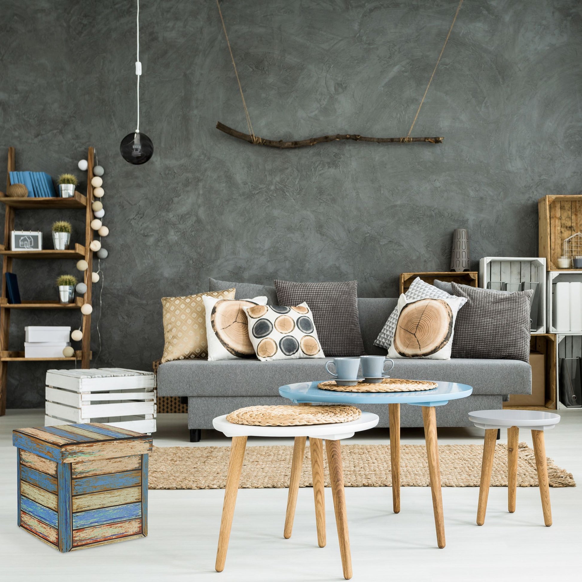 Vintage Sitzhocker mit Stauraum Blau-Creme-Rot von Relaxdays