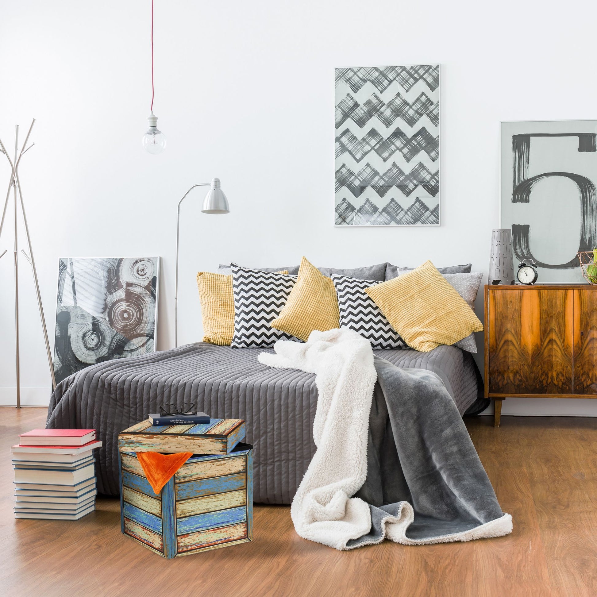Vintage Sitzhocker mit Stauraum Blau-Creme-Rot von Relaxdays