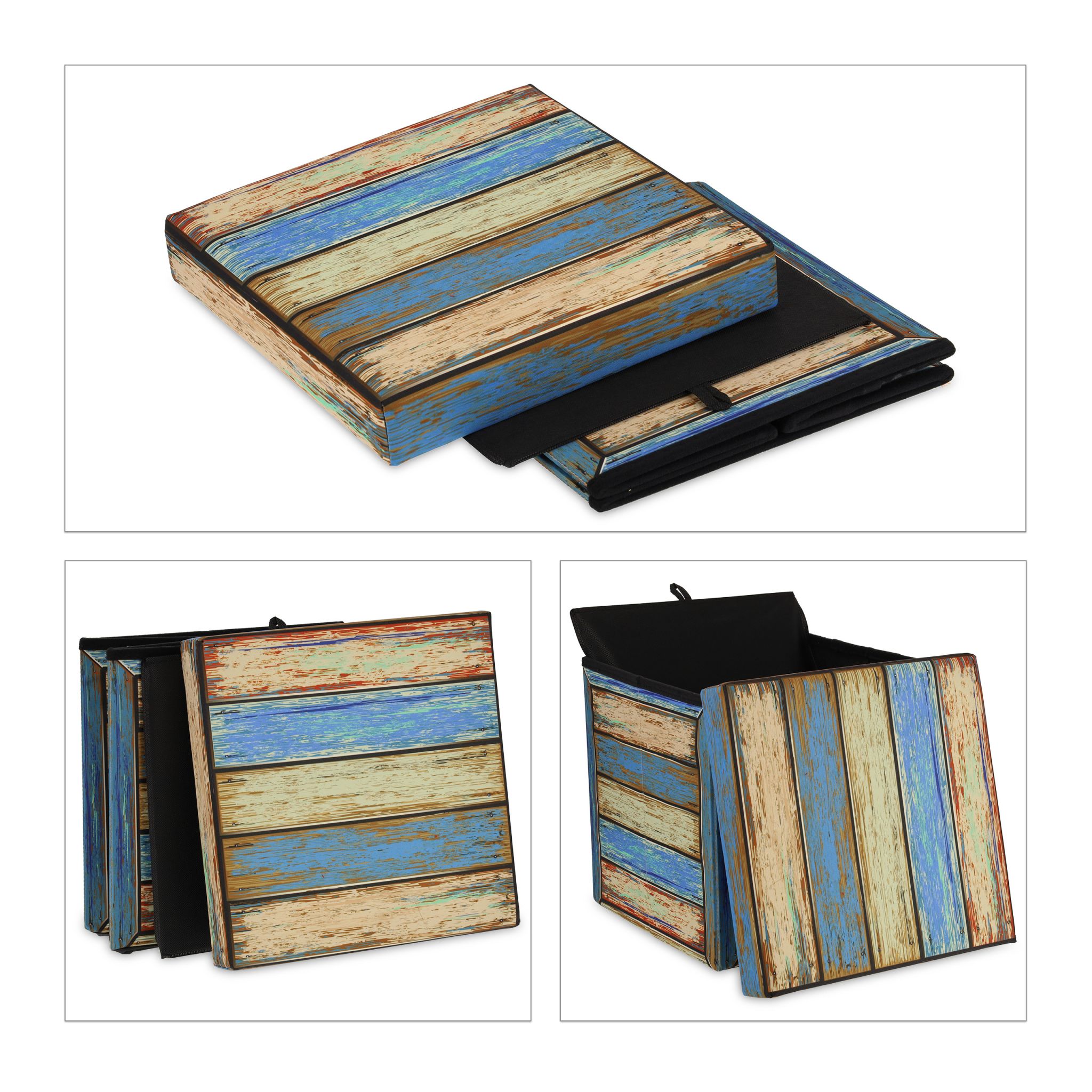 Vintage Sitzhocker mit Stauraum Blau-Creme-Rot von Relaxdays