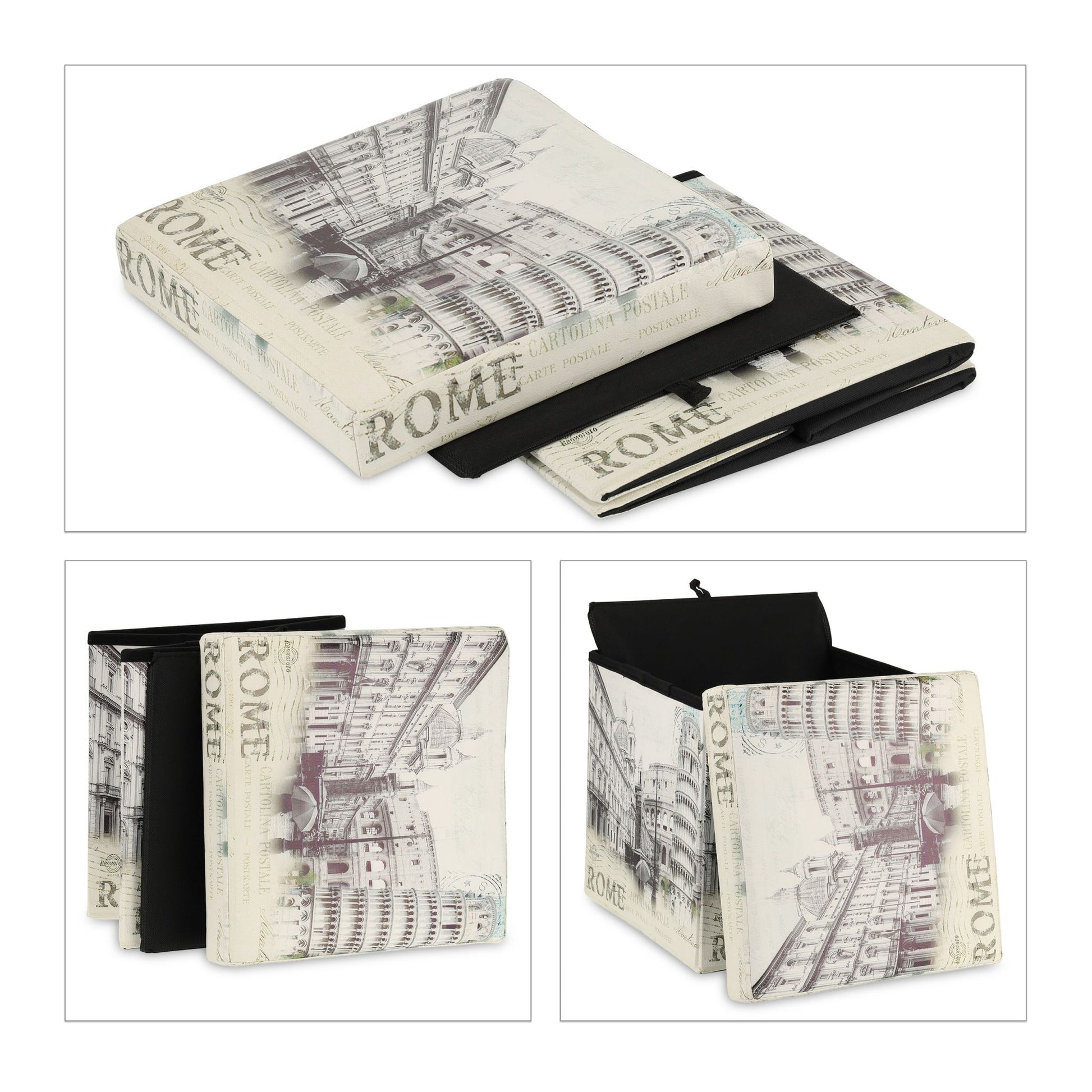 Vintage Sitzhocker mit Stauraum Weiss-Schwarz von Relaxdays