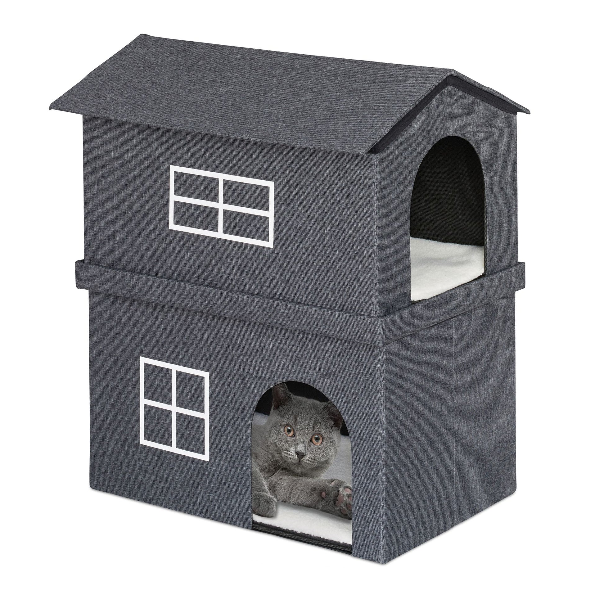 Katzenhaus 2 Etagen für drinnen Weiss-Grau von Relaxdays