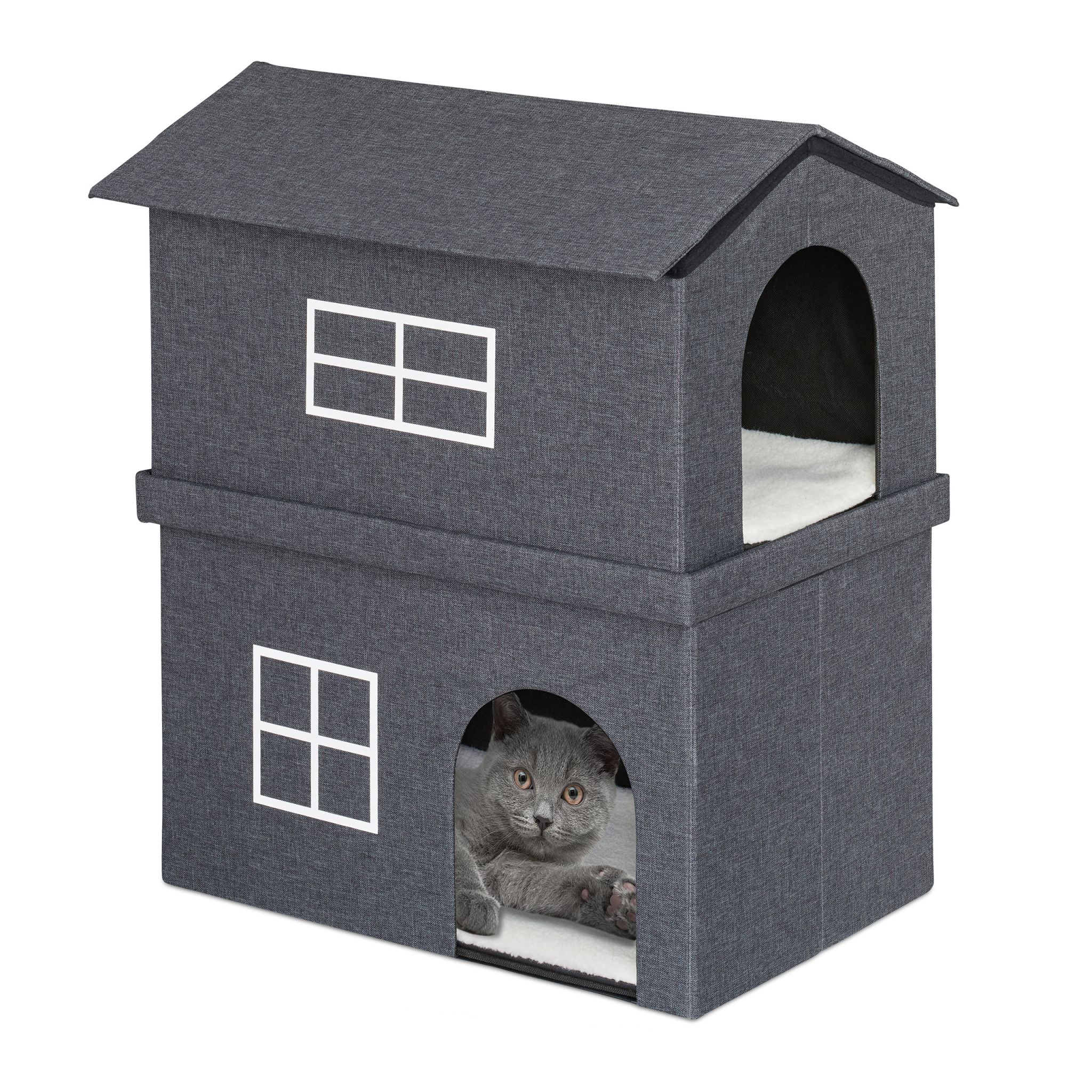 Katzenhaus 2 Etagen für drinnen Weiss-Grau von Relaxdays