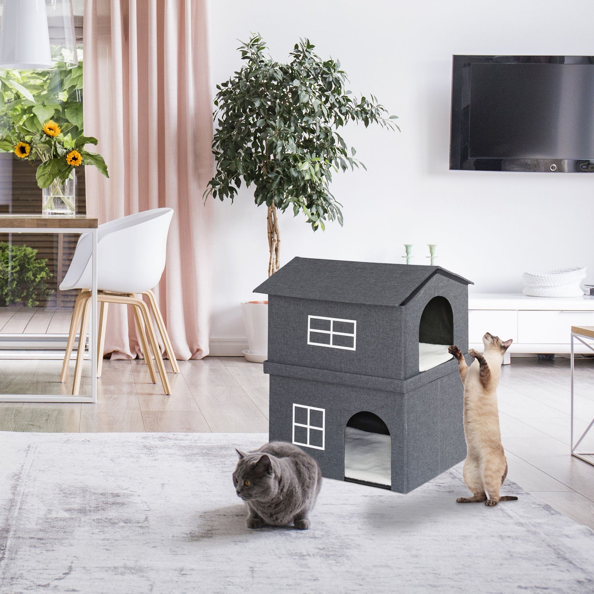 Katzenhaus 2 Etagen für drinnen Weiss-Grau von Relaxdays